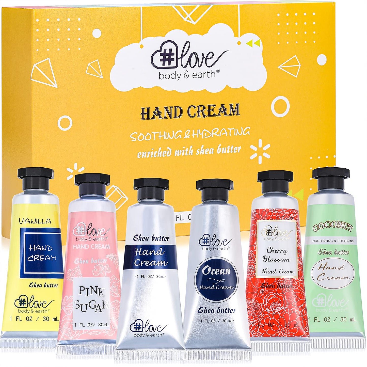 BODY & EARTH # LOVE Hand Cream Gift Set Hand Lotion Sets for Women Gift, Mothers Day Gifts for Mom Gifts, Pack of 6 Advanced Repair Hand Cream for Dry
