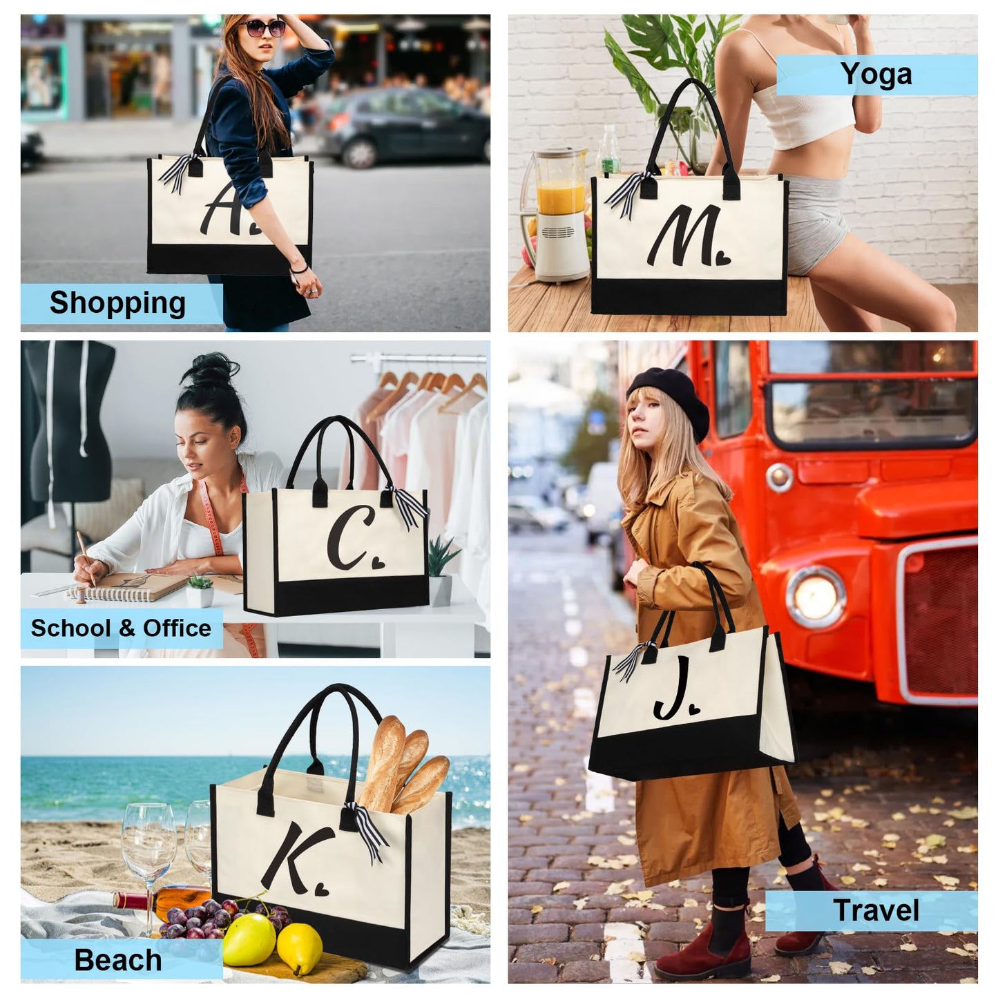 shenee Initial Canvas Tote Bag, Personalized Beach Jute Bag Present for Women Holiday, Friends Birthday Gift, Beach, Wedding (Letter M)