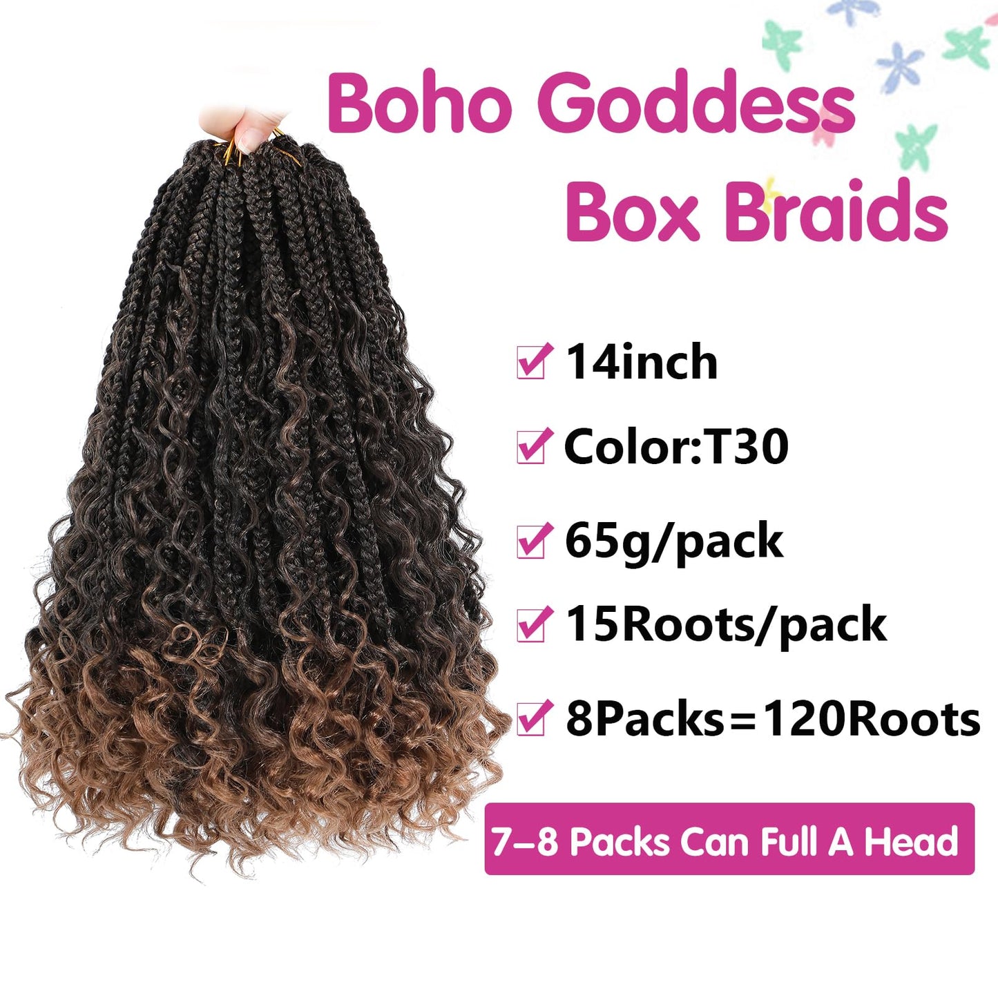 Wodun 14inch Goddess Box Braids Crochet Hair Pre Looped Box-Braids Crochet-Hair with Curly Ends For Black Women Synthetic 3X Bohemian Box Braiding