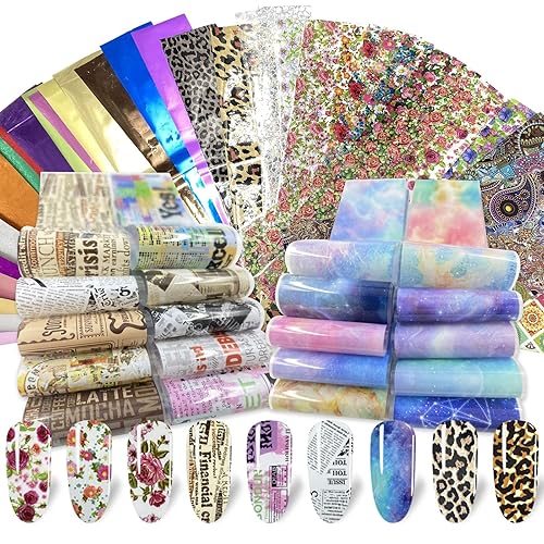 Bagvhandbagro 100 Sheets Nail Foil Transfer Sticker Kit, Art Decals Tips Starry Sky Laser Flower Leopard Print DIY Decorations Supplies Design