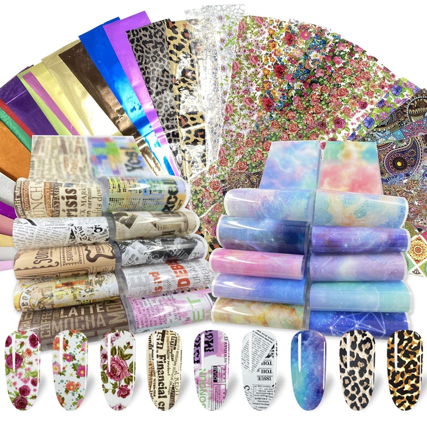 Bagvhandbagro 100 Sheets Nail Foil Transfer Sticker Kit, Art Decals Tips Starry Sky Laser Flower Leopard Print DIY Decorations Supplies Design