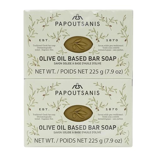 Papoutsanis Greek Olive Oil Based Soap Bar - Natural and Pure Plant-Based Castile Bar Soap - Unscented - Hypoallergenic - (New & Improved Formula