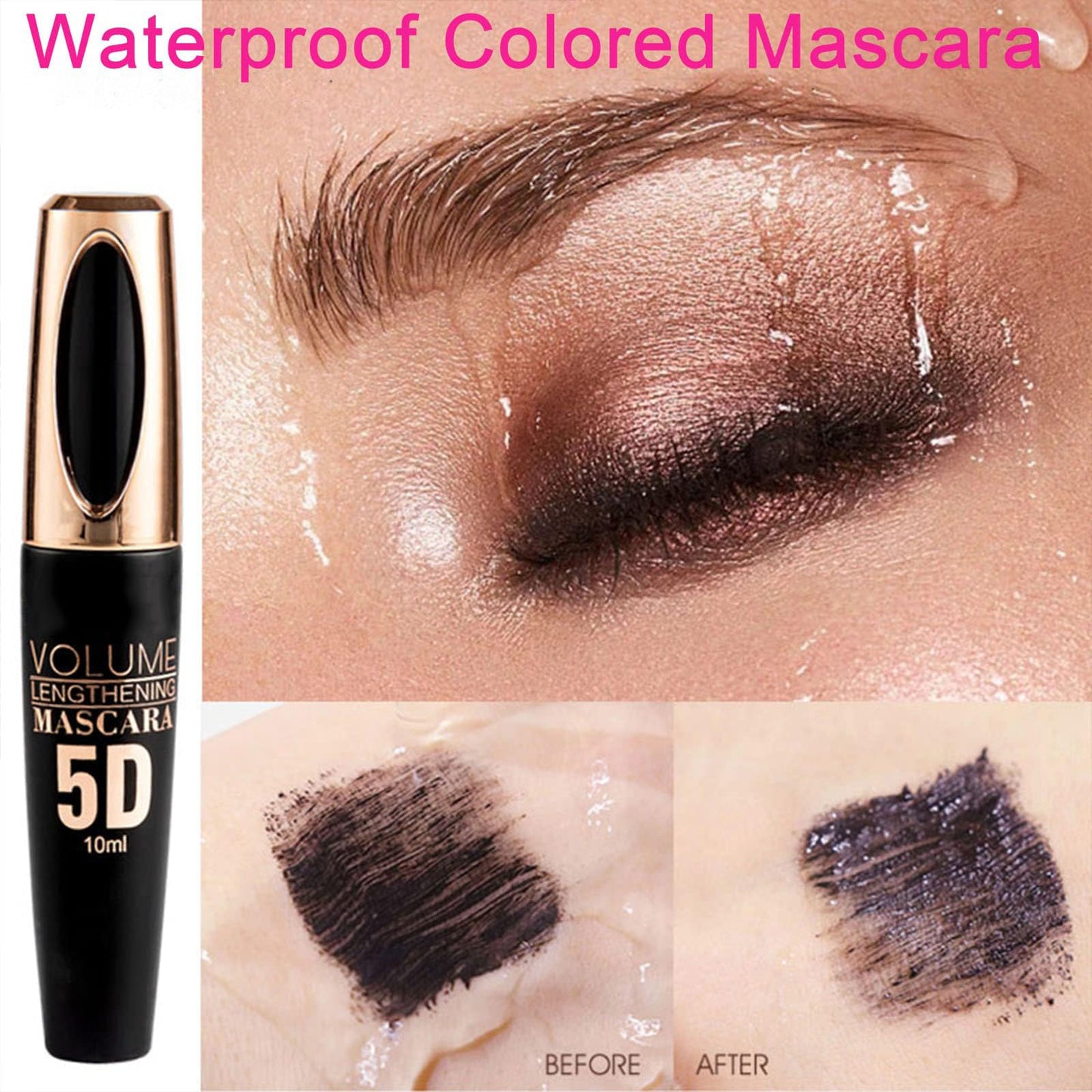 Brown Colored Waterproof Mascara - Long Lasting, Thick Eye Lash, 5D Silk Fiber, Smudge-Proof, Volumizing, Lengthening, Curling Color Mascara