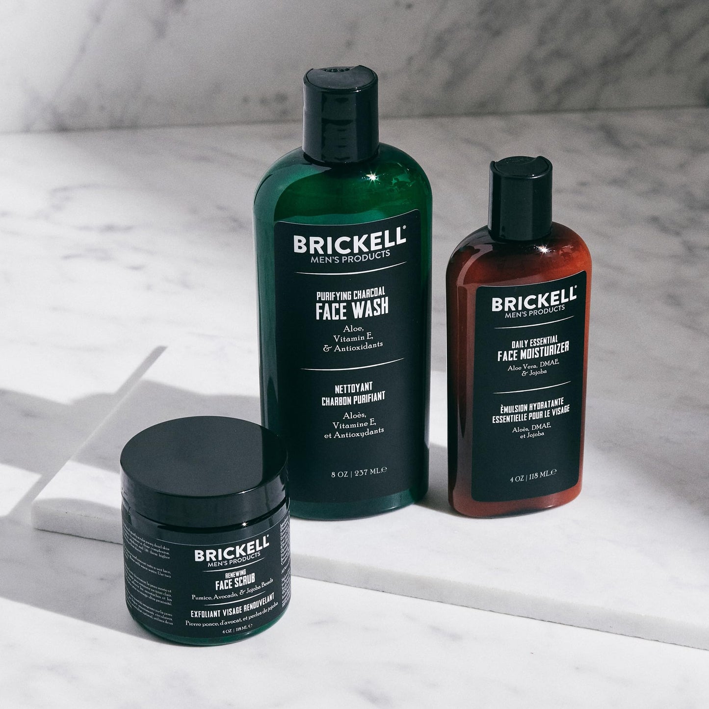 Brickell Men's Daily Advanced Face Care Routine II, Activated Charcoal Facial Cleanser, Facial Scrub, Face Moisturizer Lotion, Natural and Organic