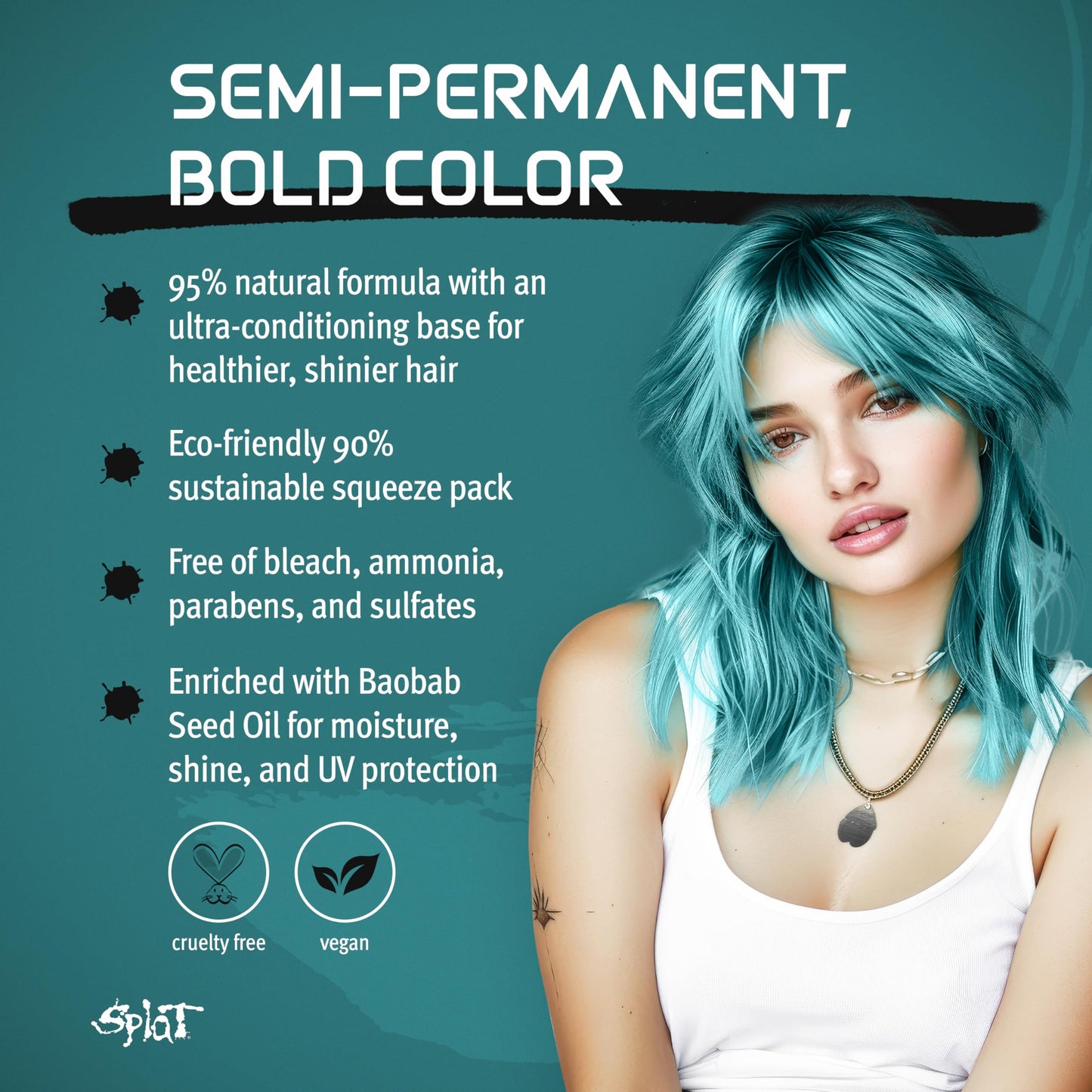 Splat Naturals Semi-Permanent Hair Color, Teal, 6 fl. oz., 95% Natural Hair Dye Formula Lasts Up to 30 Washes, Vegan & Cruelty-Free Semi Permanent