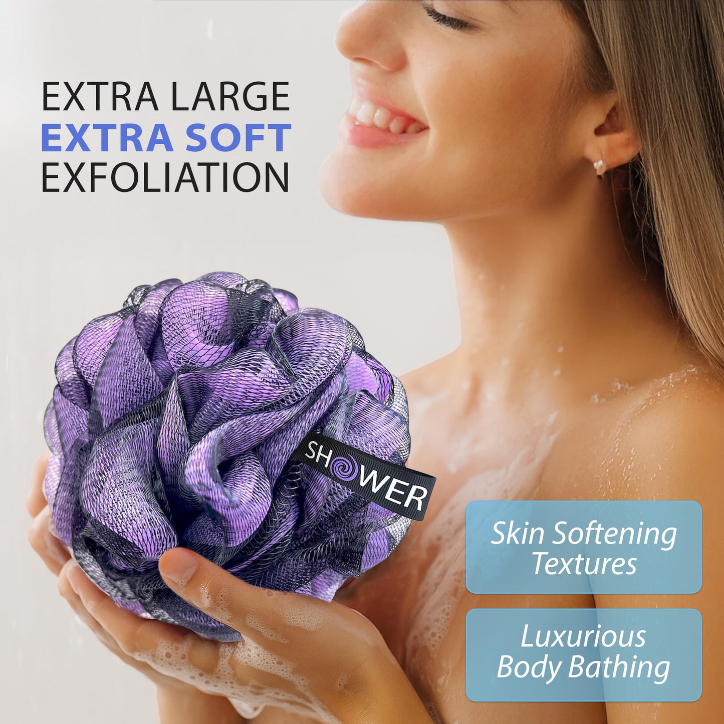 SHOWER BOUQUET Loofah-Charcoal Bath-Sponge XL-Color-4-Pack // Extra Large 75g Soft Mesh Black Luffa Loofa Loufa Puff Set/Exfoliating Body Scrubber