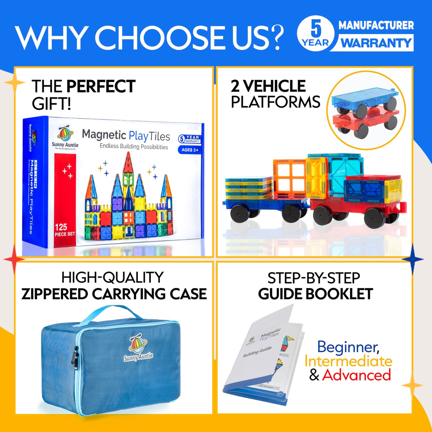 SUNNY AUNTIE Magnetic Tiles 125pcs XL Set + Bonus Zippered Case – Building Toy for Kids Ages 3-8, Educational STEM Gift for Boys & Girls