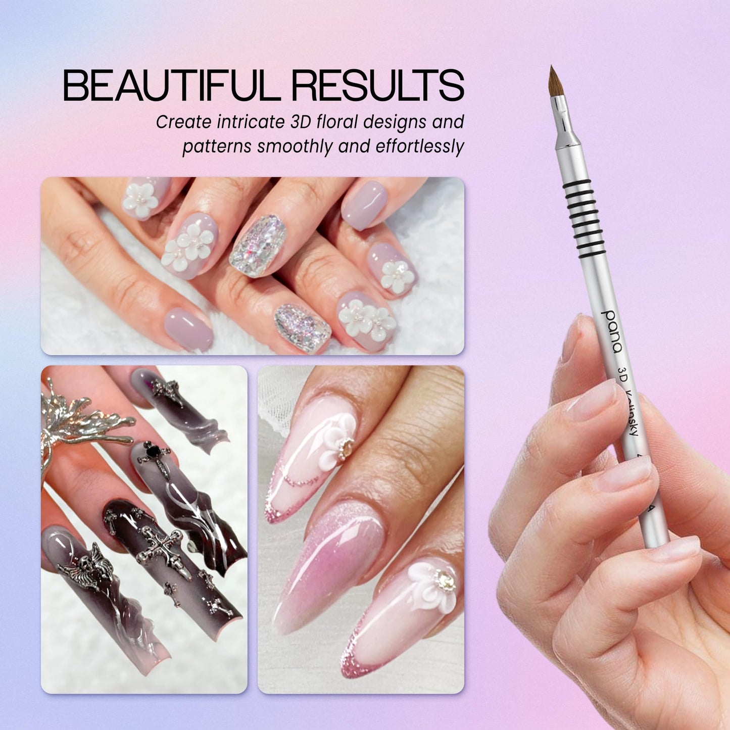 PANA 3D Kolinsky Acrylic Nail Art Sculpture Brush with Silver Metal Non-Slip Grip Handle for Manicures 3D Nail Art Flower Designs (Size #4)