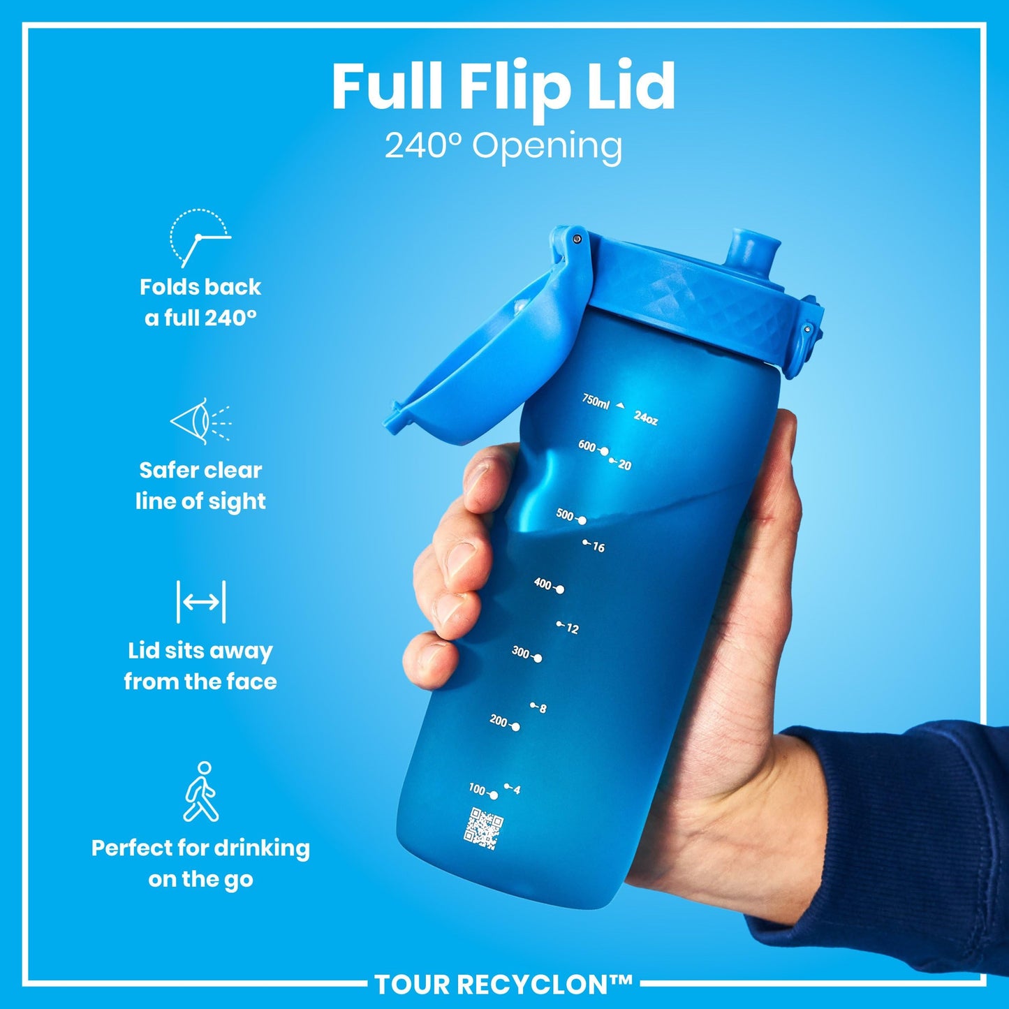 Ion8 Water Bottle, 750 ml/24 oz, Leak Proof, Easy to Open, Secure Lock, Dishwasher Safe, BPA Free, Flip Cover, Carry Handle, Soft Touch Contoured