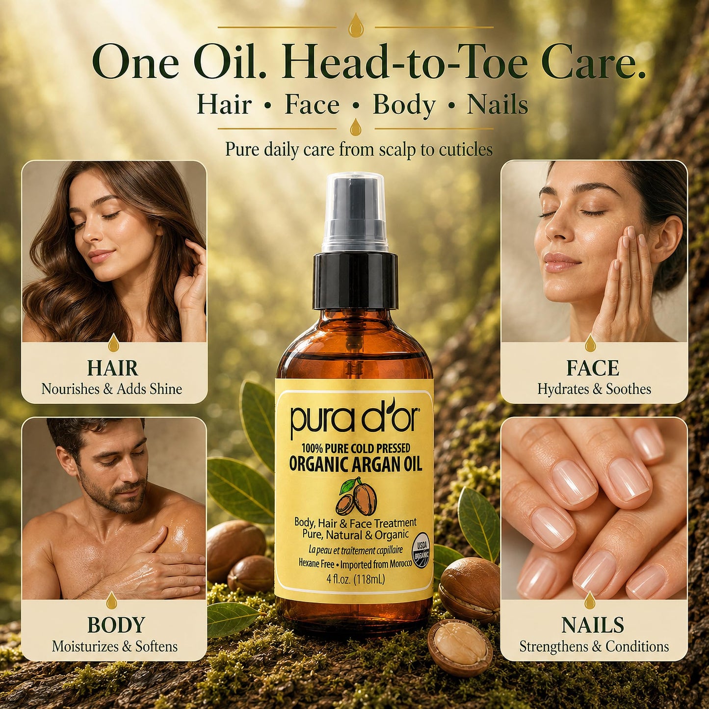 PURA D'OR USDA Organic Moroccan Argan Oil-100% Pure Cold-Pressed Virgin Grade-Treatment for Hair, Skin, Face, Body- Helps Dry Skin, Scalp Care, Split Beauty and Personal Care PURA D'OR