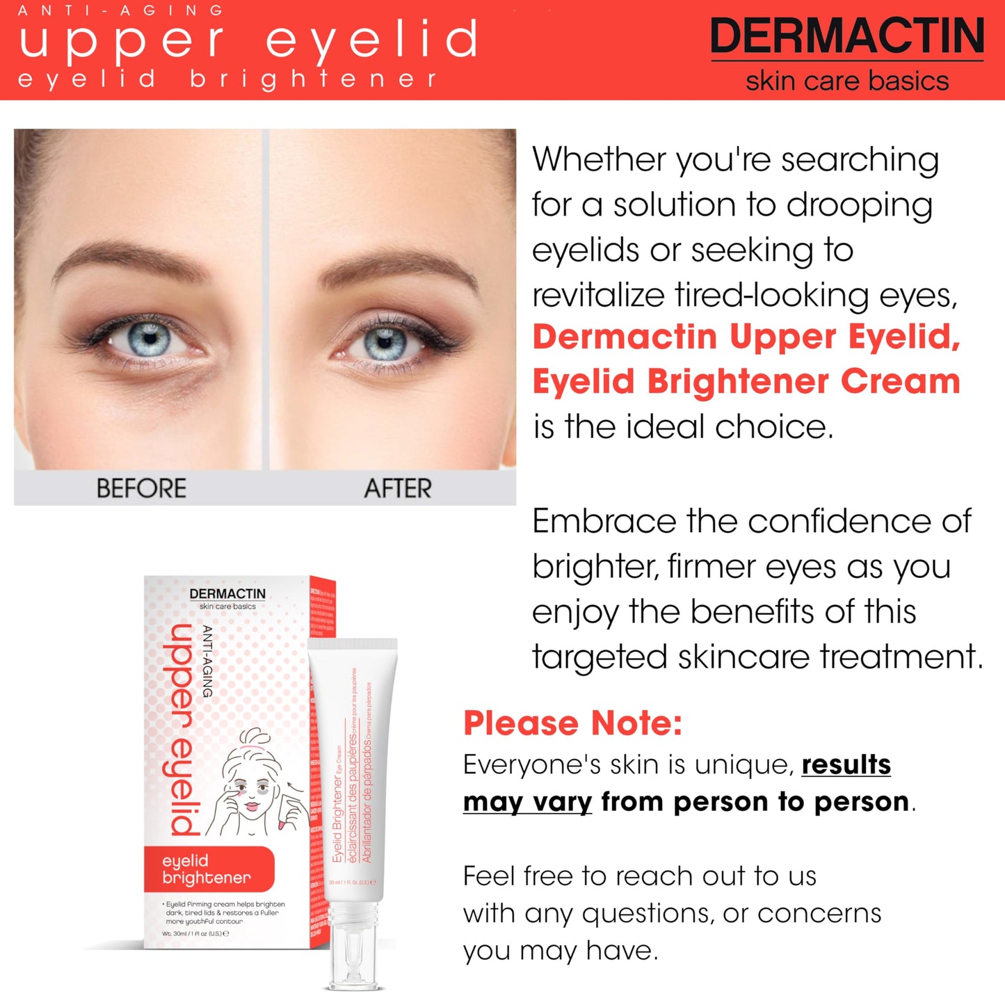 Dermactin Upper Eyelid Cream 1 oz – Firms & Tones Drooping Lids for a Youthful, Vibrant Look | Gentle Formula for Sensitive Eyelid Skin