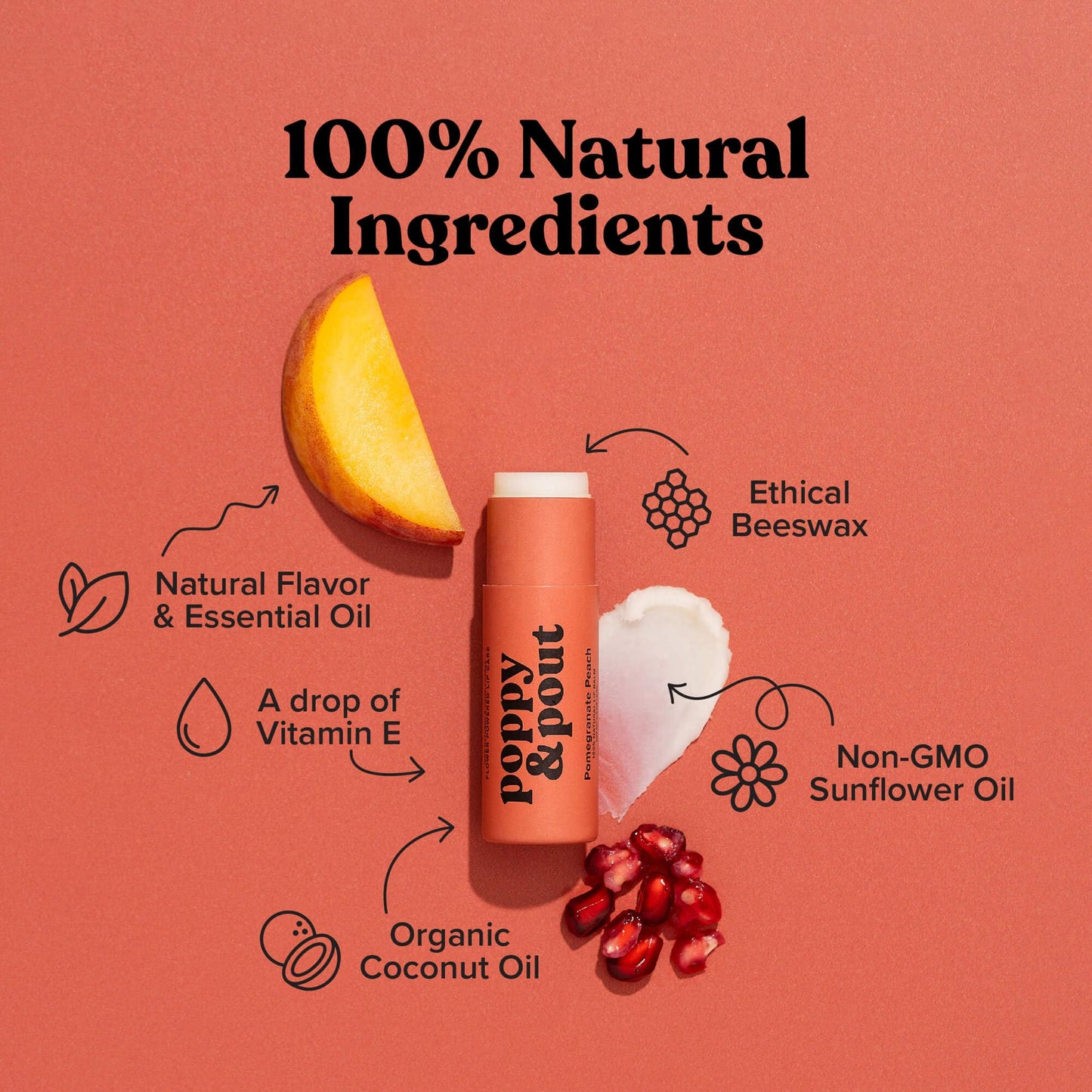 Poppy & Pout Pomegranate Peach Jumbo Lip Balm | All Natural Lip Balms & Moisturizers | Hydrates with Beeswax, Vitamin E, Organic Coconut Oil |