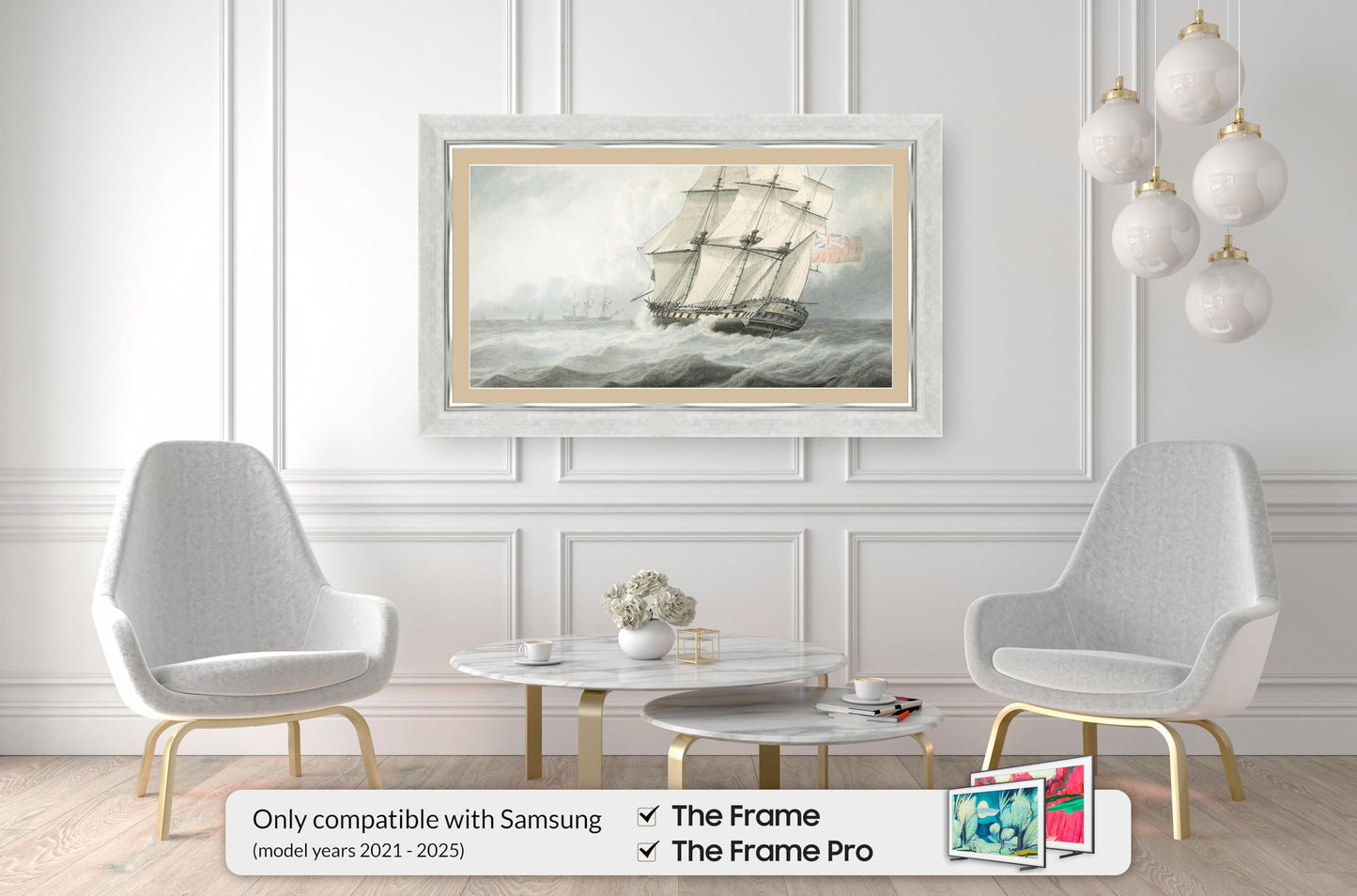 Contemporary Silver 85" Premiere Deco TV Frame - Compatible ONLY with Samsung The Frame TV and Pro TVs (Fits 2021-2025, LS03A,