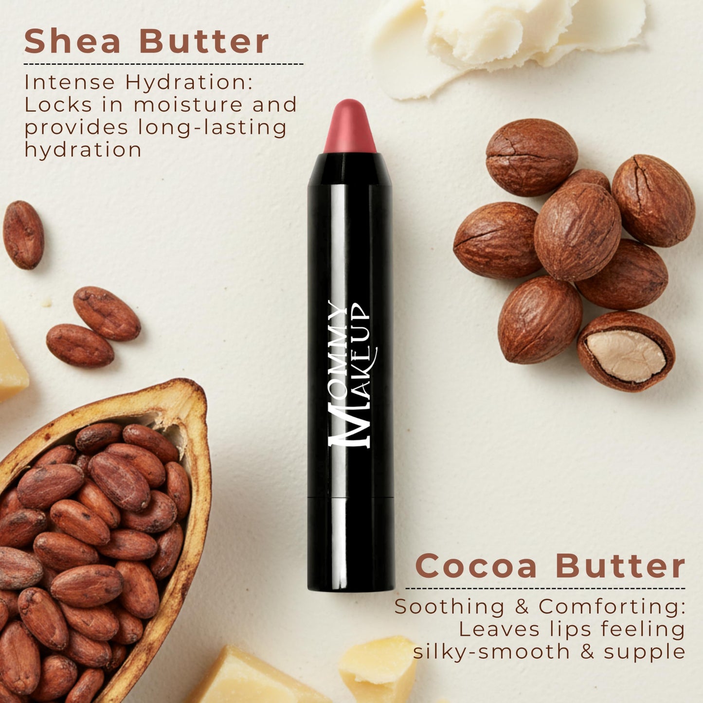 Mommy Makeup Triple Sticks Lipstick, Cream Blush & Treatment All-In-One with Shea & Cocoa Butter - Soft & Creamy Moisturizing Lip Crayon For Lips &