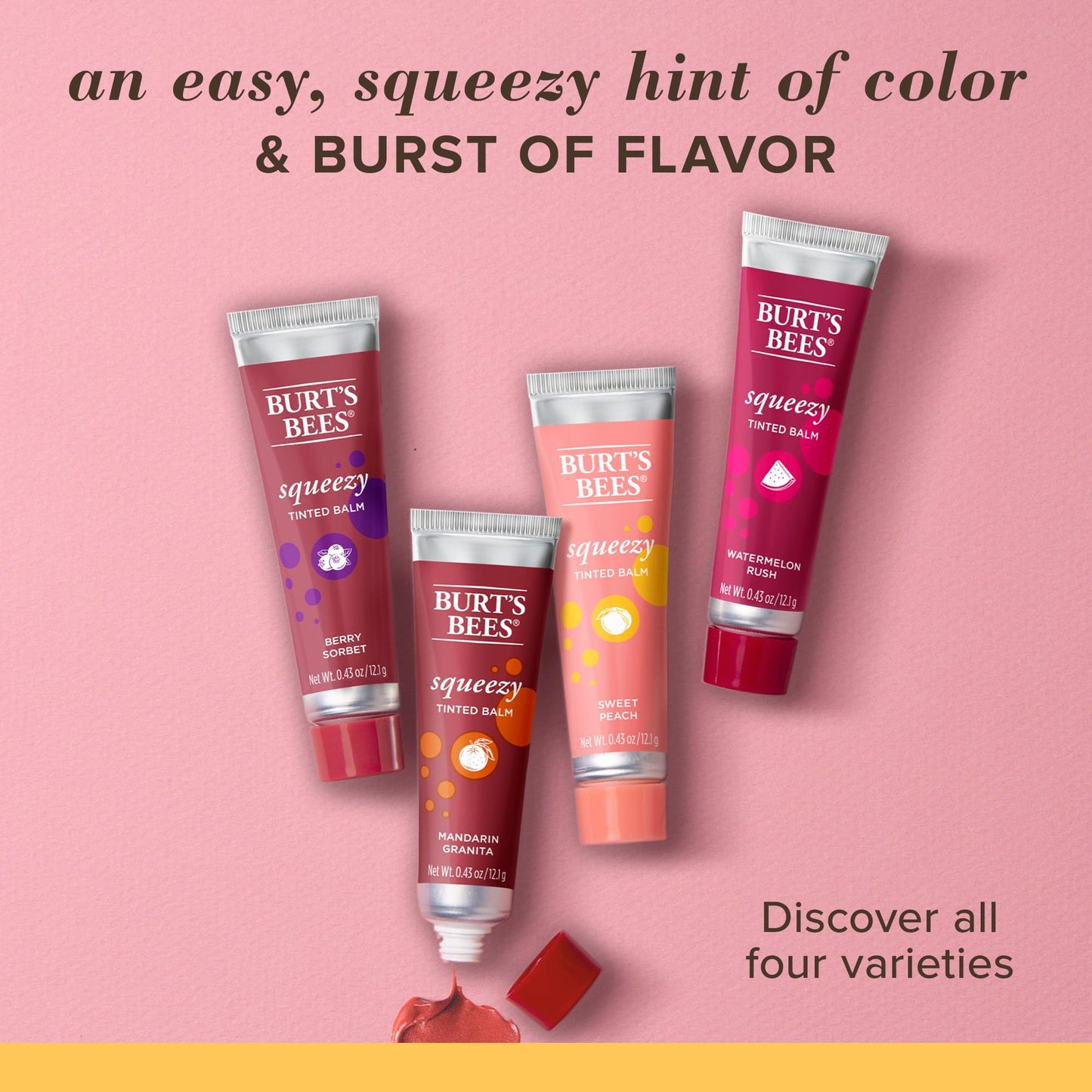 Burts Bees, Squeezy Tinted Lip Balm - Watermelon Rush, 0.43 Ounce