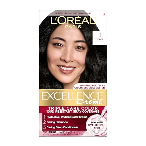 L'Oreal Paris Excellence Crème Permanent Hair Dye, Triple Care Hair Color with Hyaluronic Acid for 100% Gray Coverage, 1 Black, 1 Kit (Packaging May