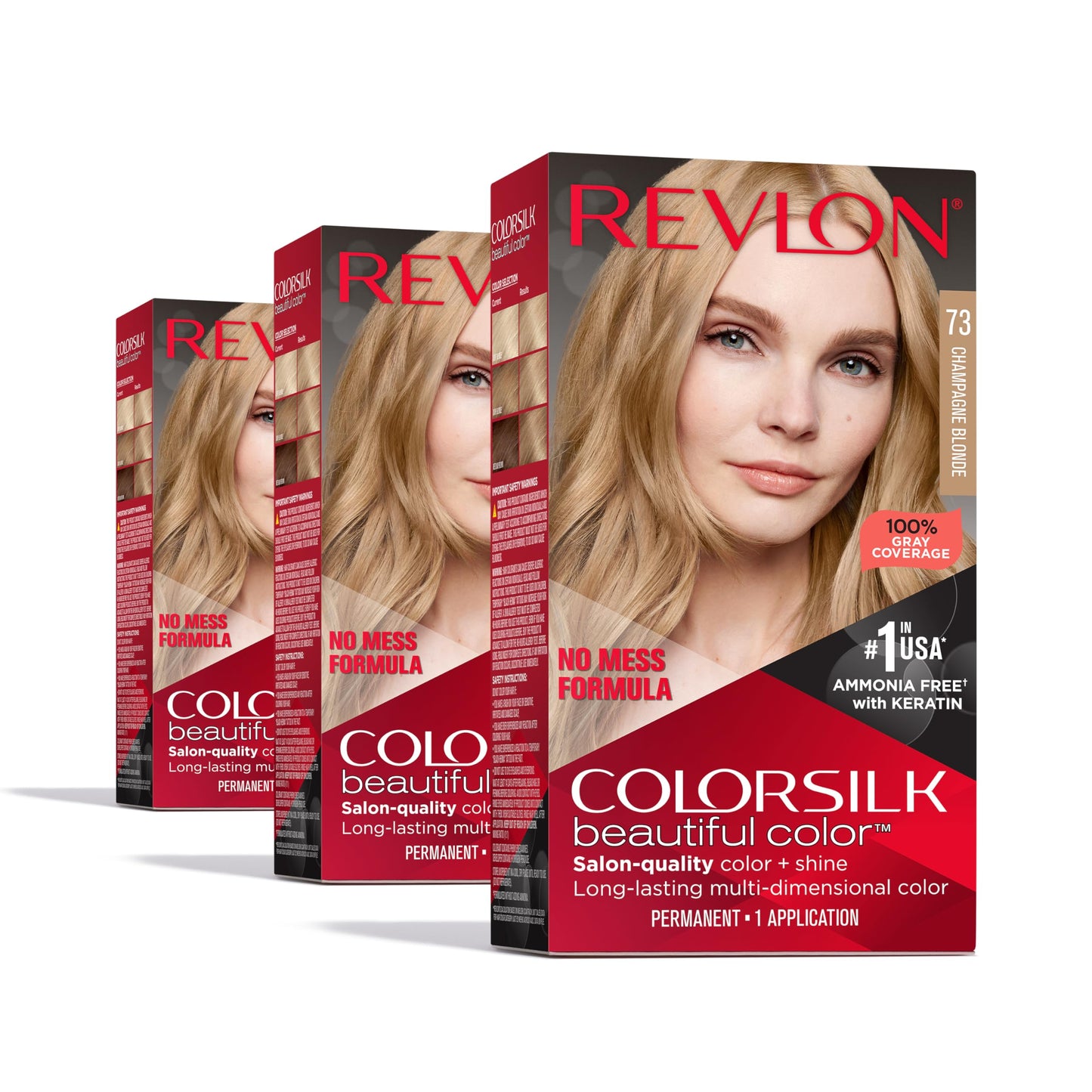 Revlon ColorSilk Permanent Hair Color, 100% Gray Coverage Dye Kit, Ammonia-Free, Keratin and Amino Acids, Blonde Shades, 73 Champagne Blonde (Pack