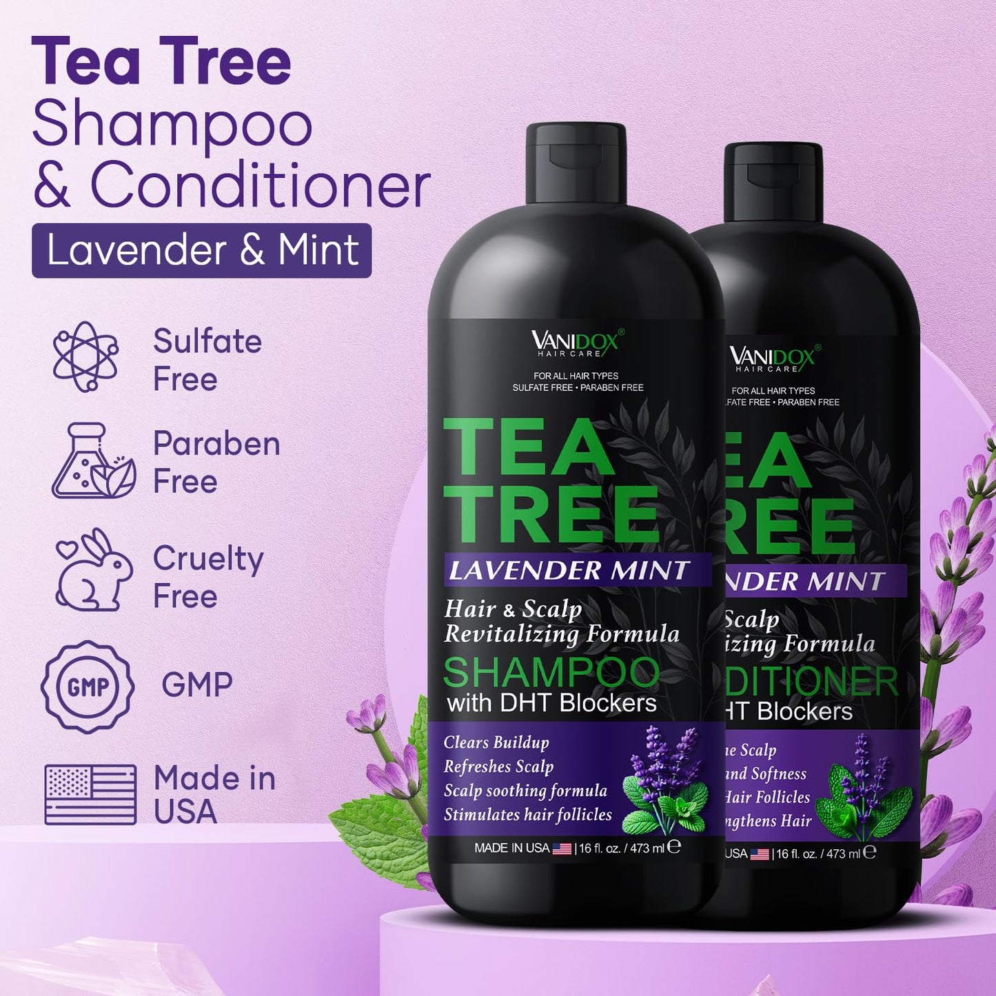 Vanidox Tea Tree Shampoo and Conditioner Set with Lavender and Mint | DHT Blockers | With 100% Pure Tea Tree Oil for Itchy, Dry Scalp | Sulfate