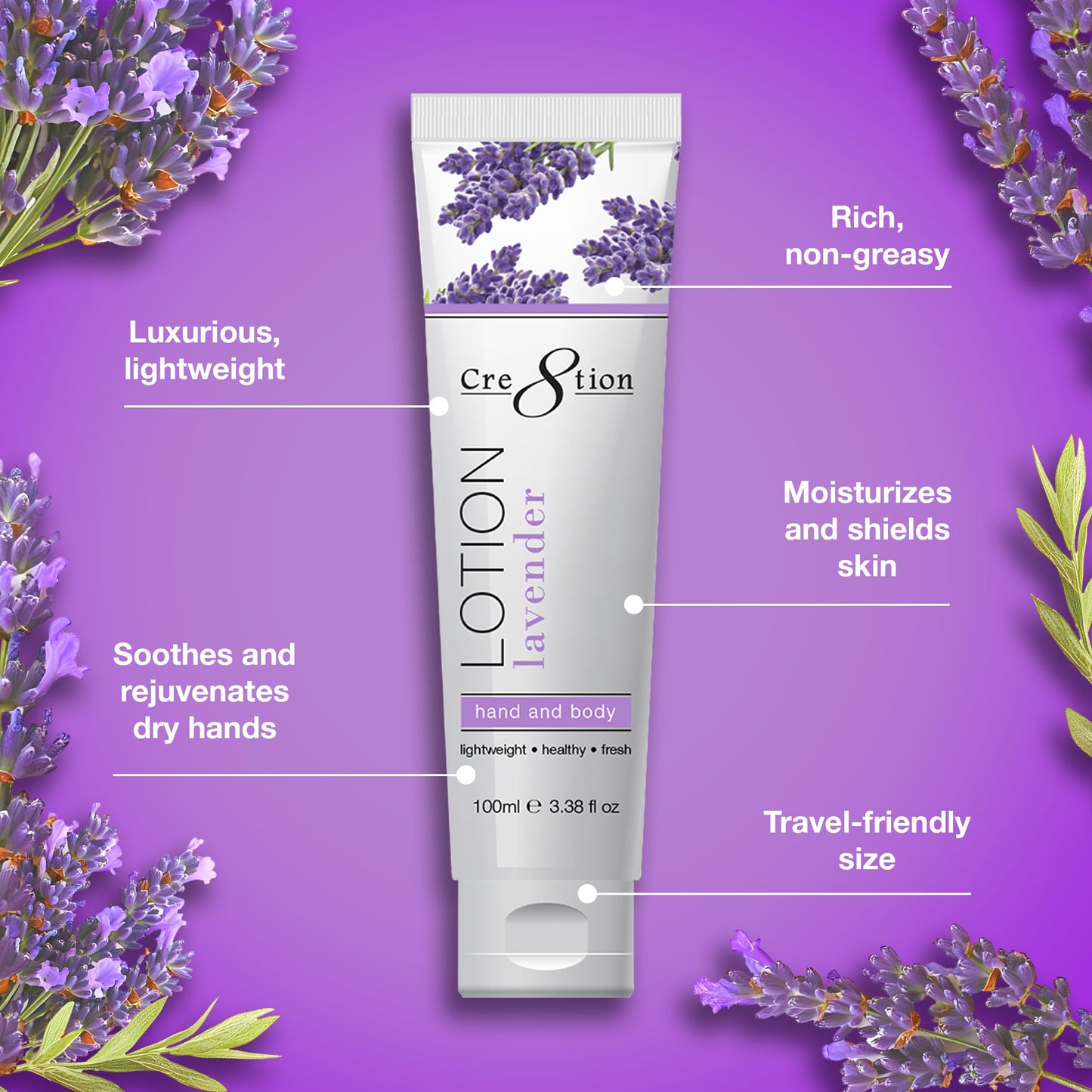 Cre8tion Spa Lavender Hand & Body Lotion, Luxurious Lightweight Moisturizer for Silky, Smooth Skin, 3.3 Fl Oz
