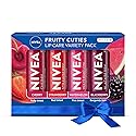 NIVEA Lip Care, Fruity Tinted Lip Balm Variety Pack, Cherry, Strawberry, Blackberry and Watermelon Flavors, 3-in-1 Moisture, Repair and Color, 0.17 Oz