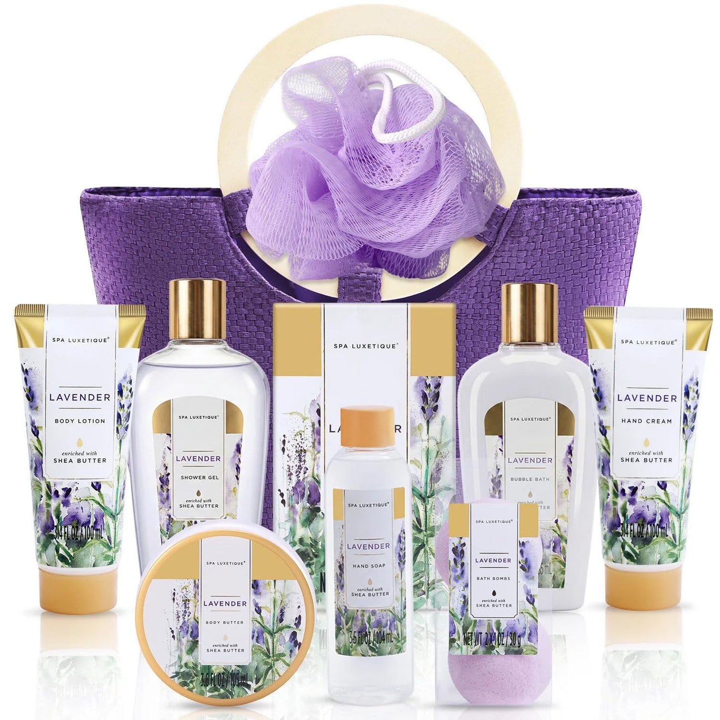 Spa Luxetique Gift Baskets for Women, Spa Gifts for Women - 10pcs Lavender Bath and Body Sets with Body Lotion, Bubble Bath, Relaxing Spa Sets