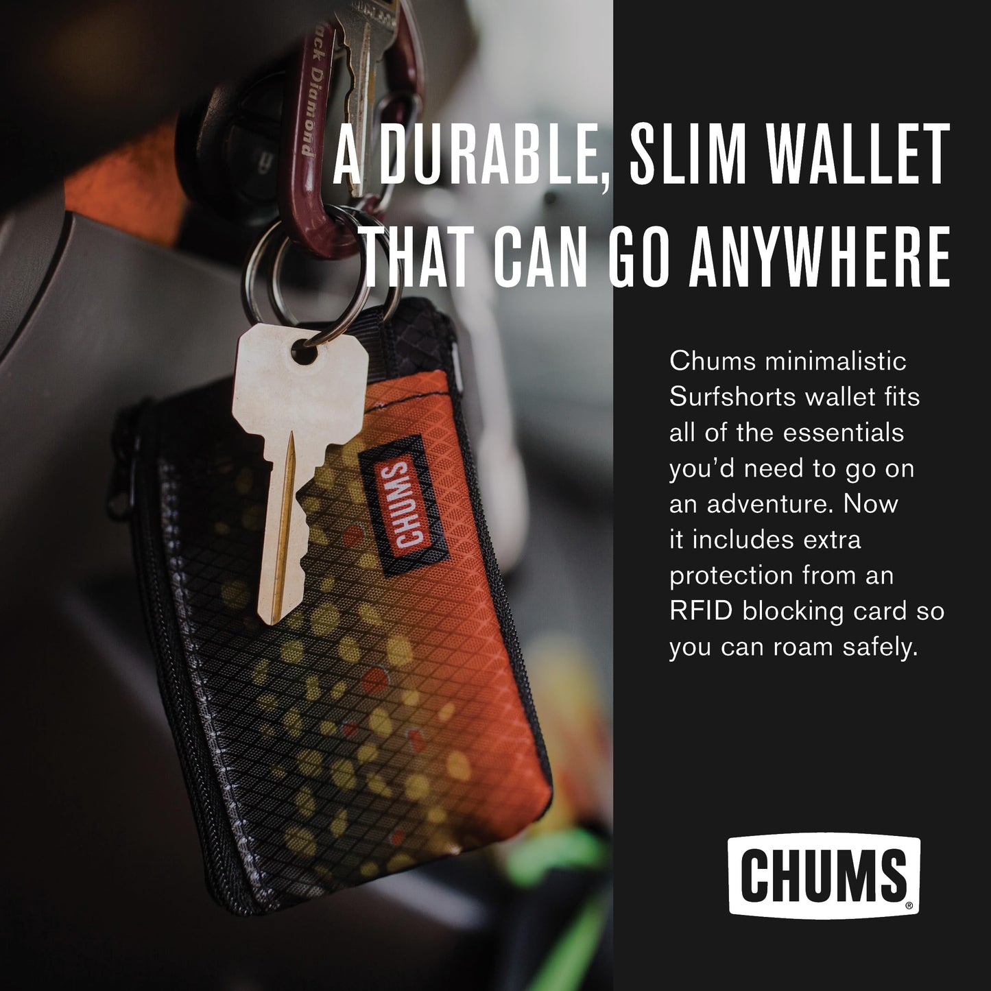Chums Surfshorts Wallet - Lightweight Slim Wallet with RFID Blocking Card & Clear ID Window - Zippered, Minimalist Wallet w/Key Ring (Black/Gray)