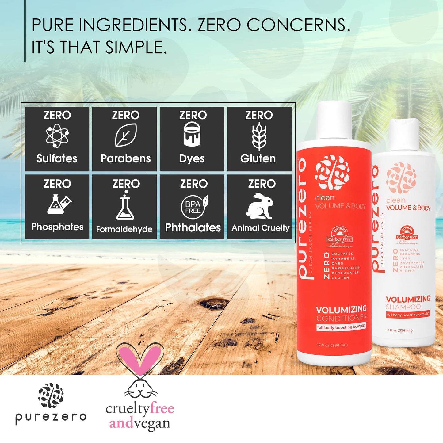 Purezero Volumizing Shampoo and Conditioner Set - Add Volume & Body - Zero Sulfates/Parabens/Dyes -100% Vegan & Cruelty-Free - Great for Color Treated
