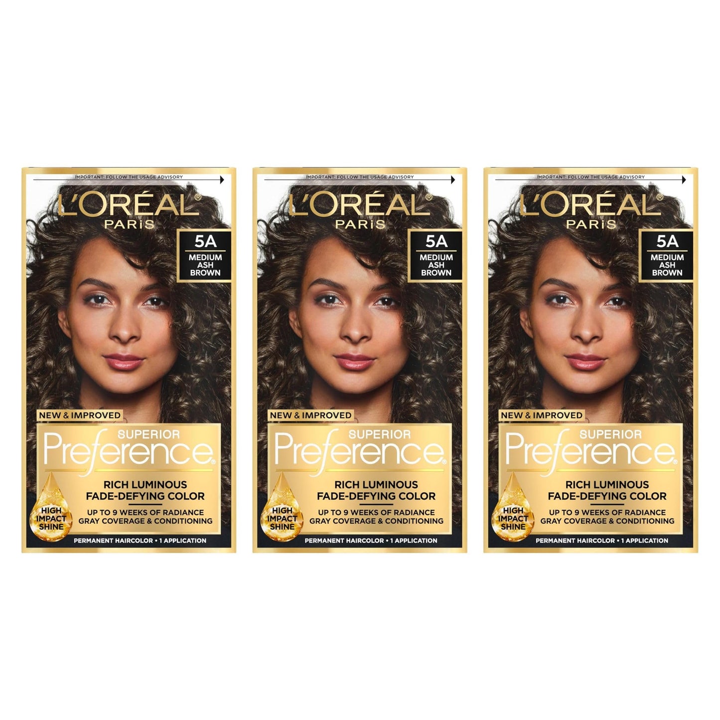 L'Oreal Paris Superior Preference Fade-Defying + Shine Permanent Hair Color, 5A Ash Brown, Pack of 3, Hair Dye