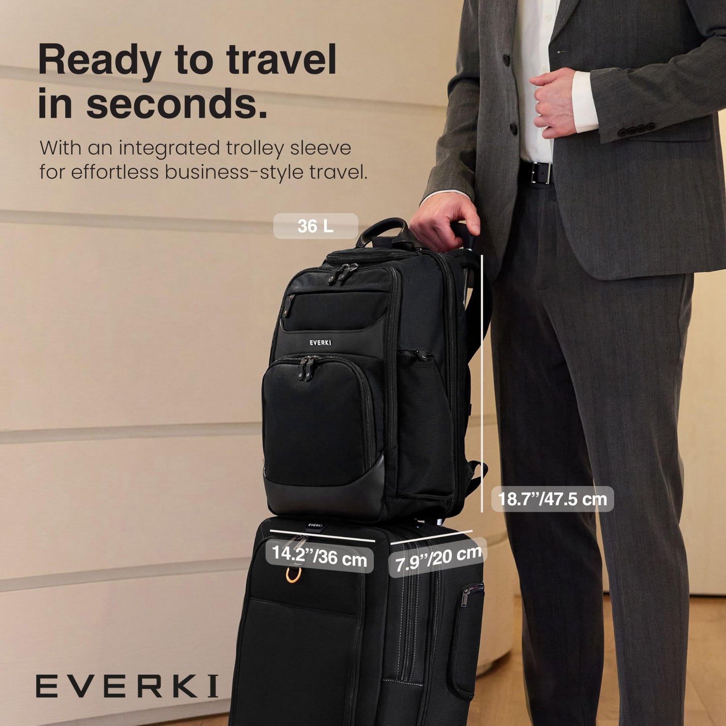 EVERKI Onyx Premium Business Executive Laptop Backpack - Ballistic Nylon and Leather Office Backpack Laptop Bag, Travel Friendly - Dedicated Compartment up to 17.3", 36L Capacity (EKP132S17), Black