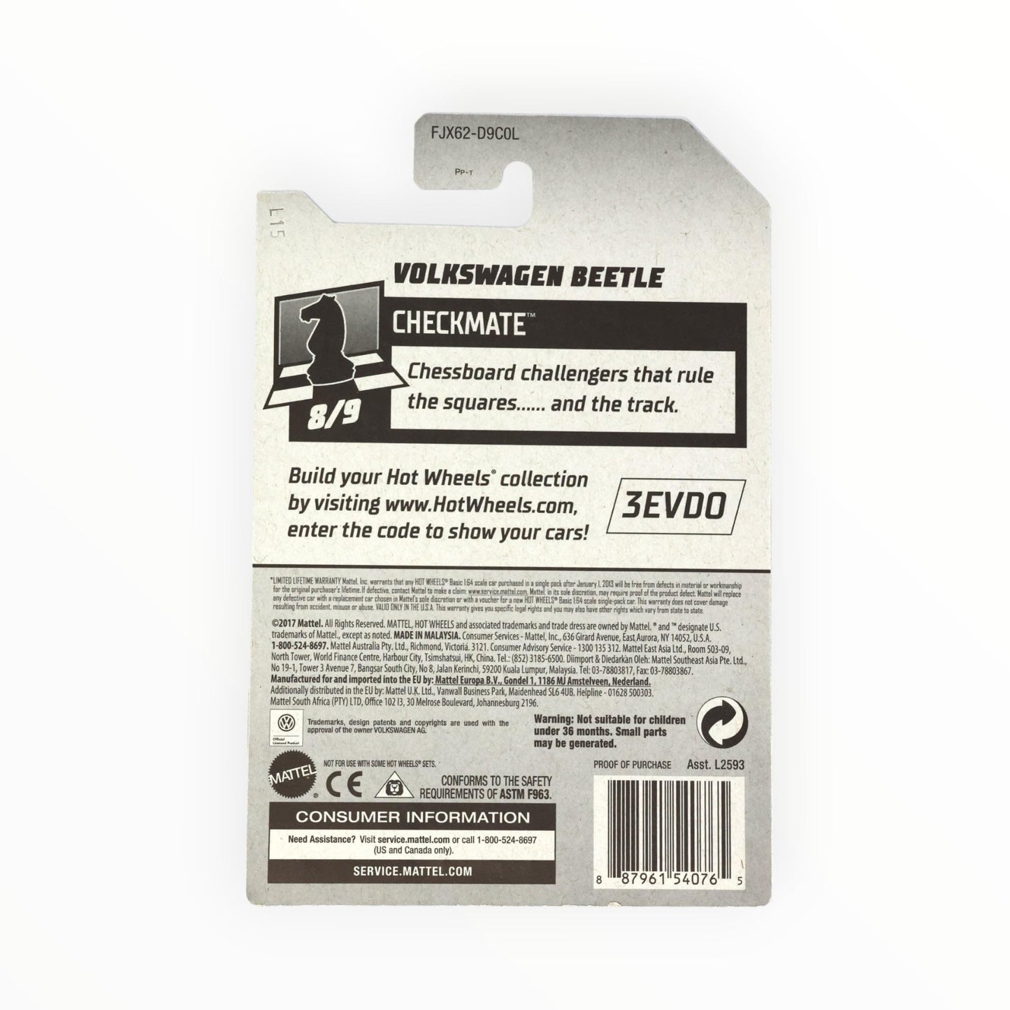 Hot Wheels 2018 50th Anniversary Checkmate Volkswagen Beetle (Pawn) 262/365, Black