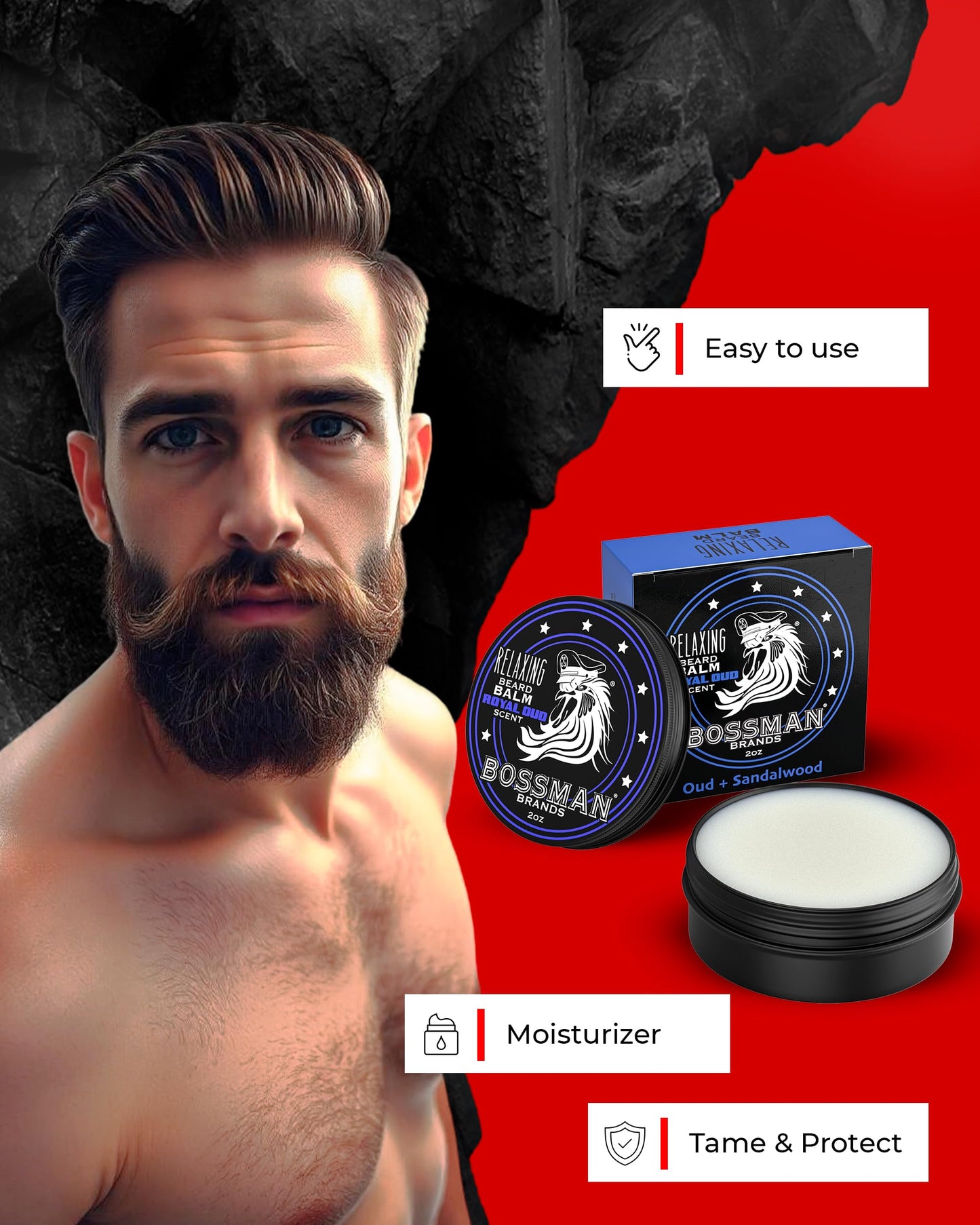 Bossman Relaxing Beard Balm for Men (Royal Oud Scent) - Tames, Relaxes, Thickens & Softens for Ultimate Beard Care - Made in USA