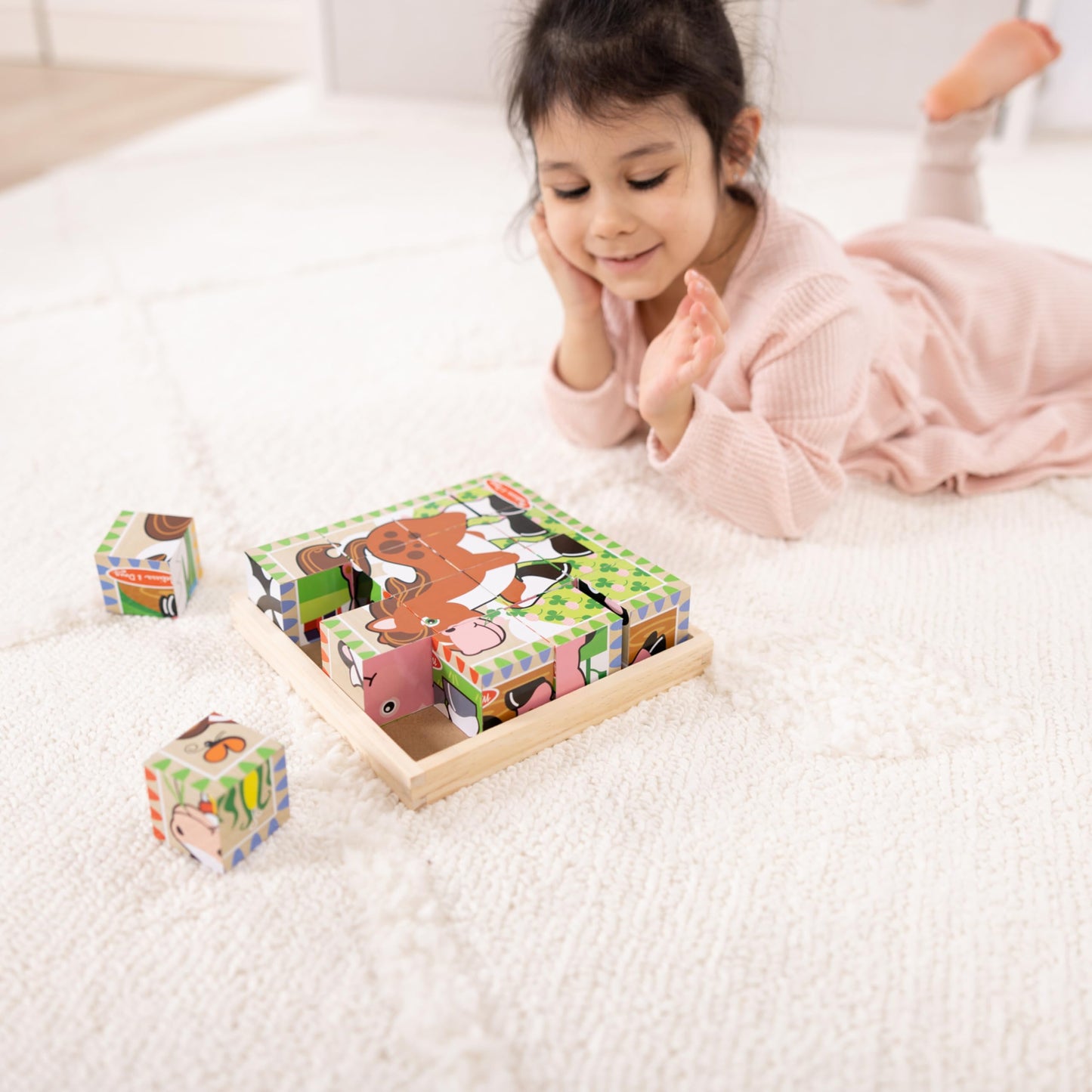 Melissa & Doug Farm Wooden Cube Puzzle – 6-in-1 Animal Puzzle with 16 Cubes & Storage Tray, Educational Farm Toy for Toddlers Ages 3+, FSC Certified