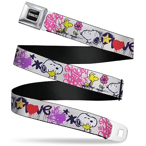 Peanuts Belt, Seatbelt Buckle Belt, Peanuts Snoopy and Woodstock Graffiti Collage Multi Color, Youth 20 to 36 Inches