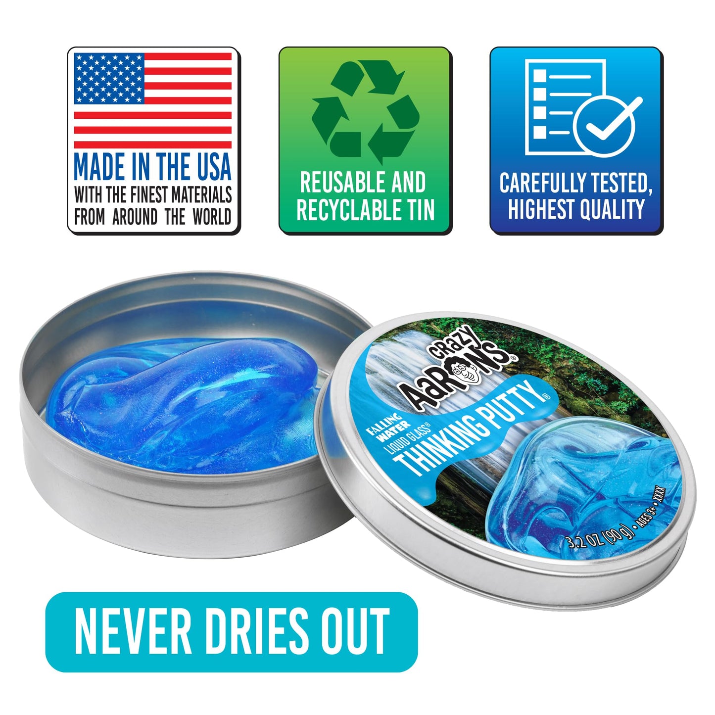 Crazy Aaron's Transparent Thinking Putty - 4" Falling Water Liquid Glass See Through Putty Tin - 90 Grams, Never Dries Out - Made in USA