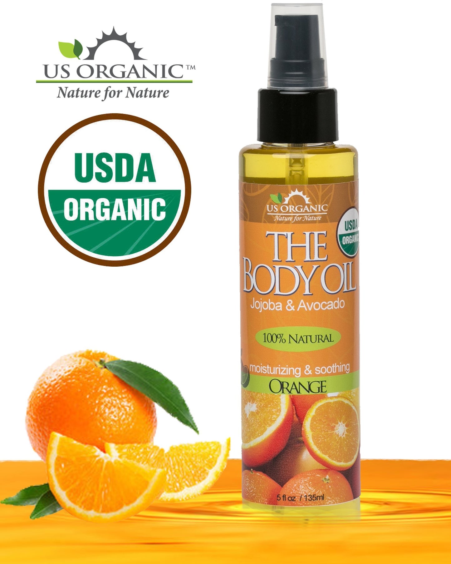 US Organic Body Oil - Fresh Orange - Jojoba and Avocado Oil with Vitamin E, USDA Certified Organic, No Alcohol, Paraben, Artificial Detergents, Color Beauty and Personal Care US Organic
