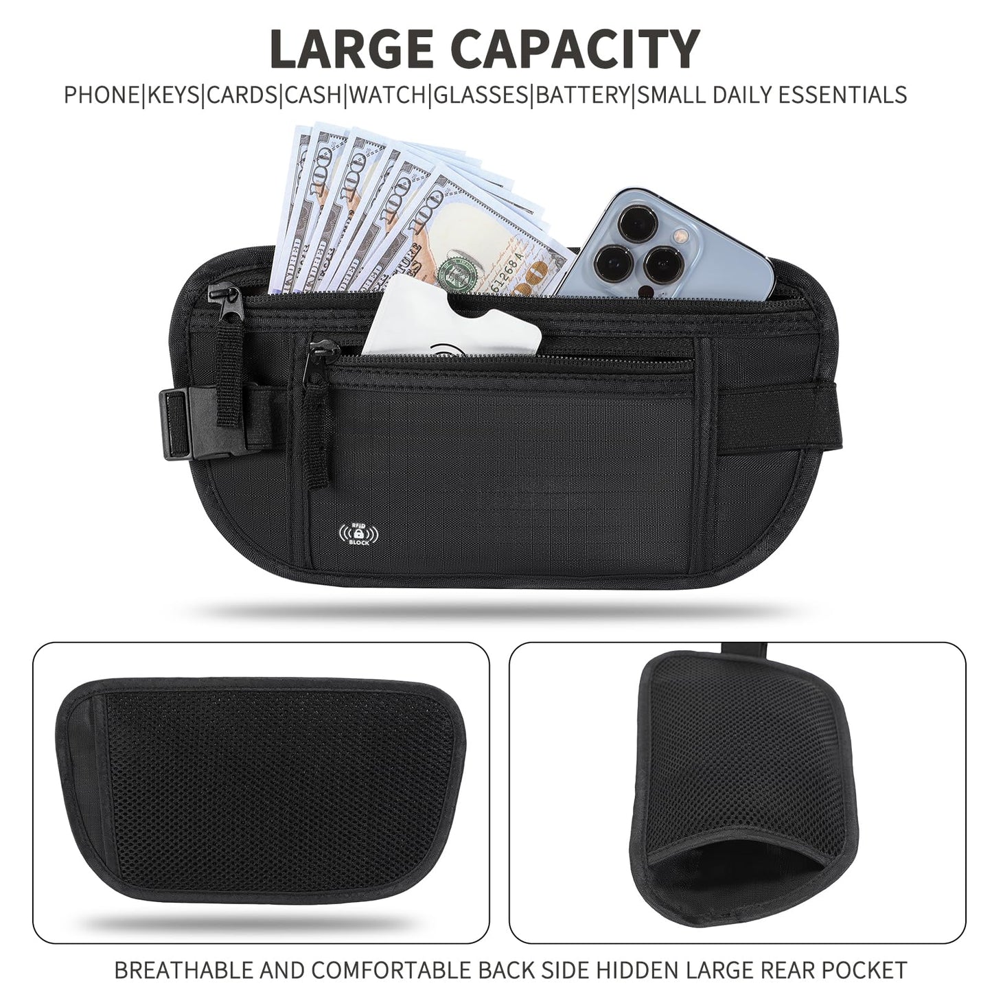 Money Belt For Travel Women Men Hidden Rfid Passport Holder For Travel (Black)