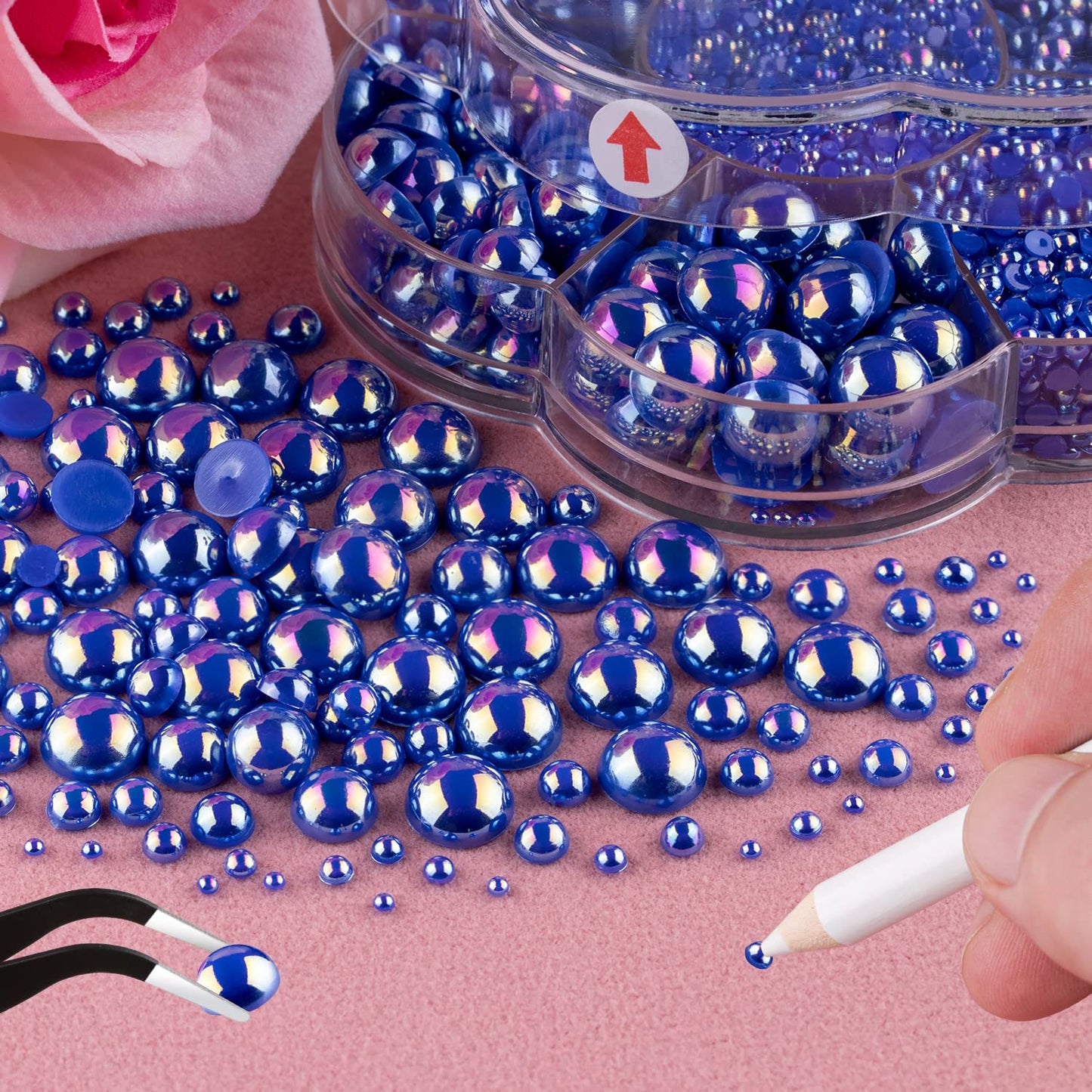 Nail Art Flat Back Half Round Pearl Kits 18, 1 Box of 6000 Pcs Flat-Back Ryoal Blue AB Pearl with Tweezer and Picker Pencil for Home DIY Nails Body