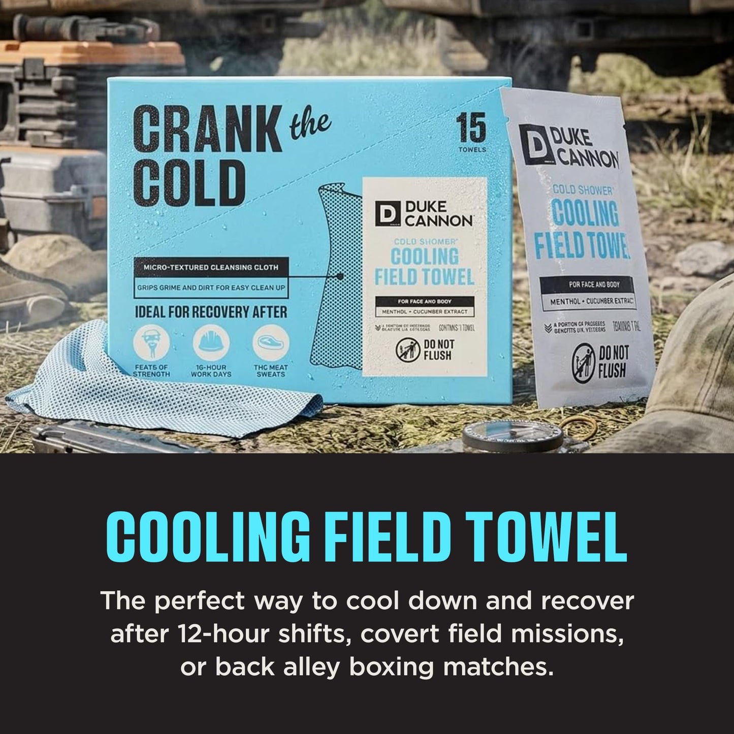 Duke Cannon Cold Shower Cooling Field Towels - 15 Individually Wrapped Towels - Men's Face and Body Wipes - Made with Menthol & Aloe - Instant Refresh