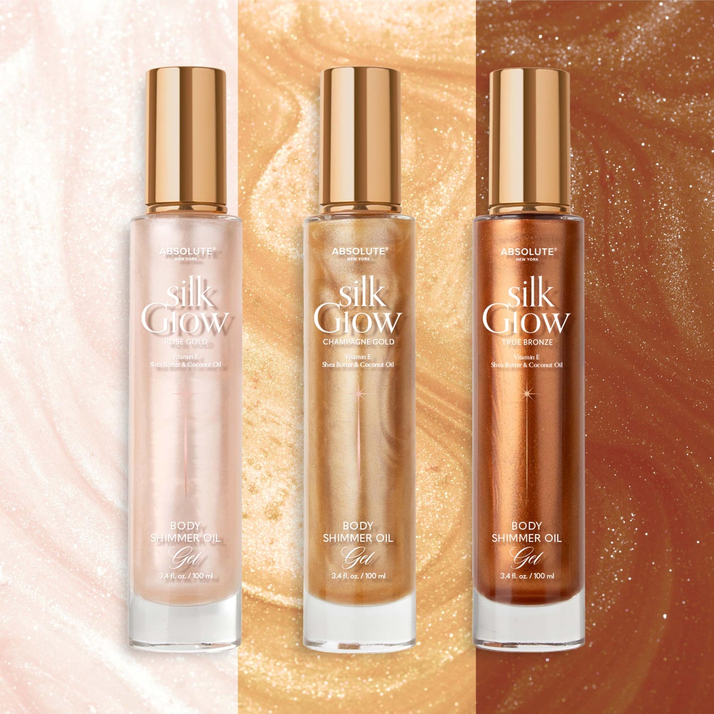 Absolute New York - Silk Glow Shimmer Mist Glow, Radiant, Shimmer Body & Face & Hair, Shea Butter, Coconut Oil, Vitamin E (SBGS04 Rose Gold Oil Gel