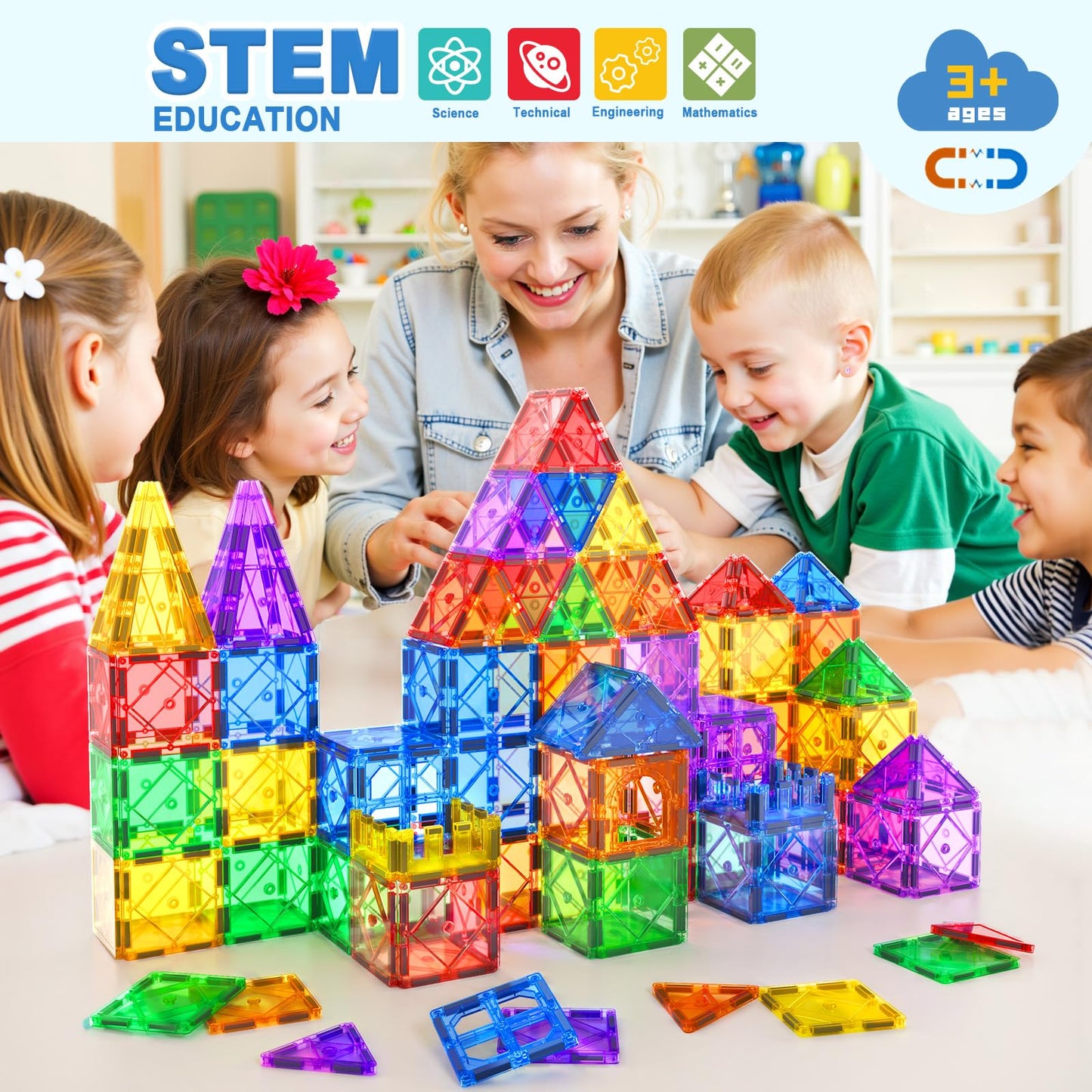 52pcs Magnetic Tiles – STEM Building Blocks Montessori Sensory Toys for Toddlers & Kids, Educational Magnet Set for Boys & Girls Age 3+