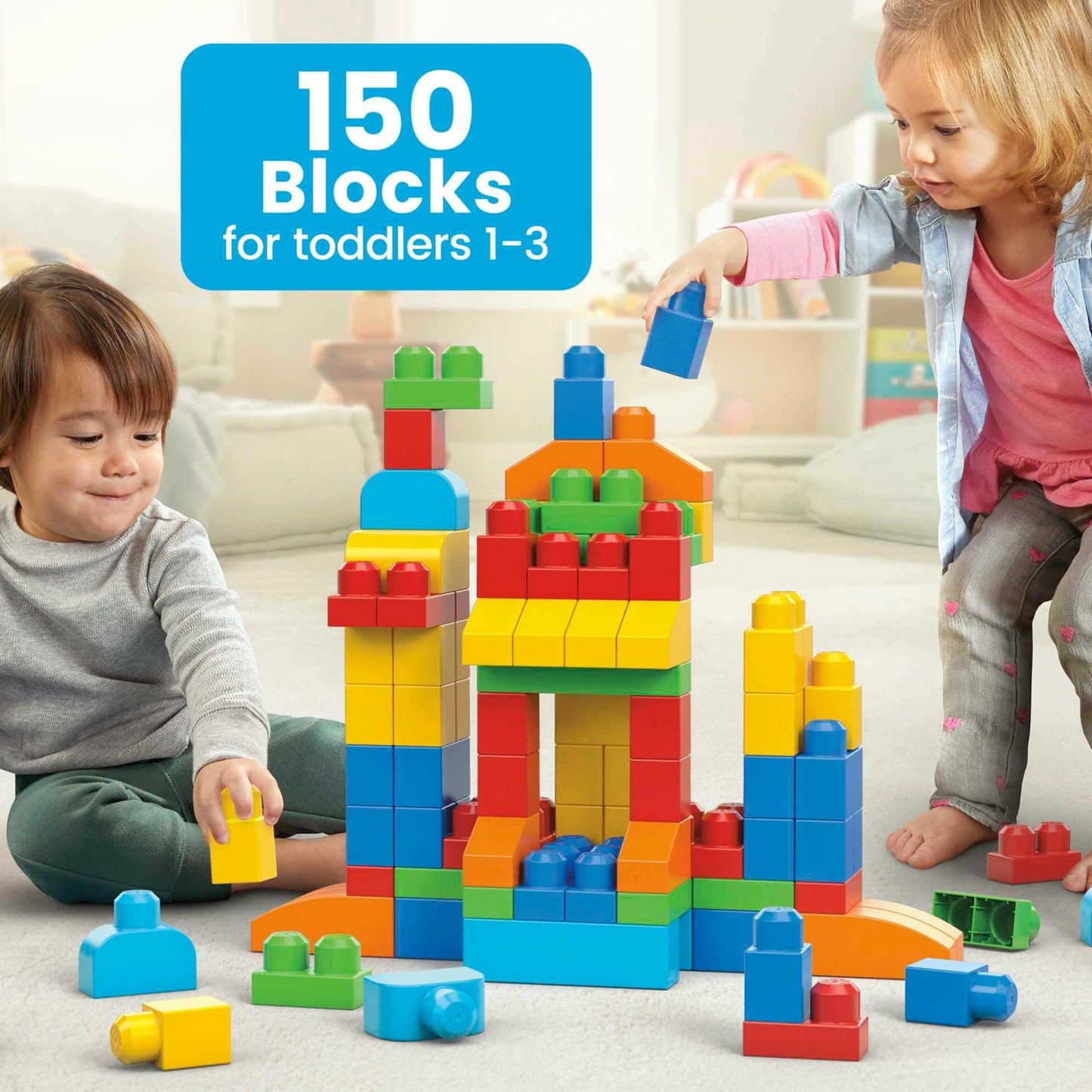 MEGA BLOKS First Builders Deluxe Building Bag with 150 Toddler Blocks, Preschool Learning Toy Set with Storage, Blue, Ages 1+ Years