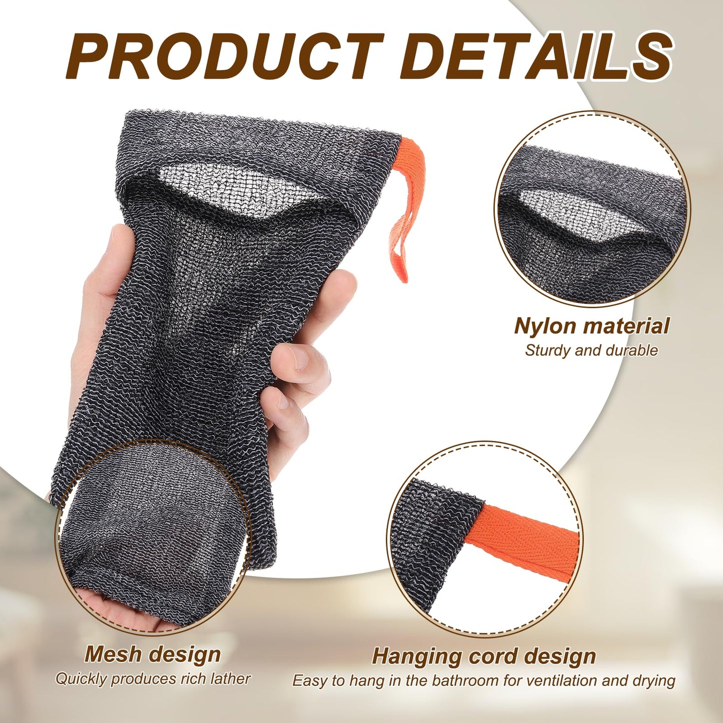 uxcell Loofah Soap Pouch, 4 Pcs Bar Soap Saver Bag with Orange Handle Nylon Body Scrubber Pouch Exfoliating Net for Body Shower Foaming Travel Beauty and Personal Care uxcell