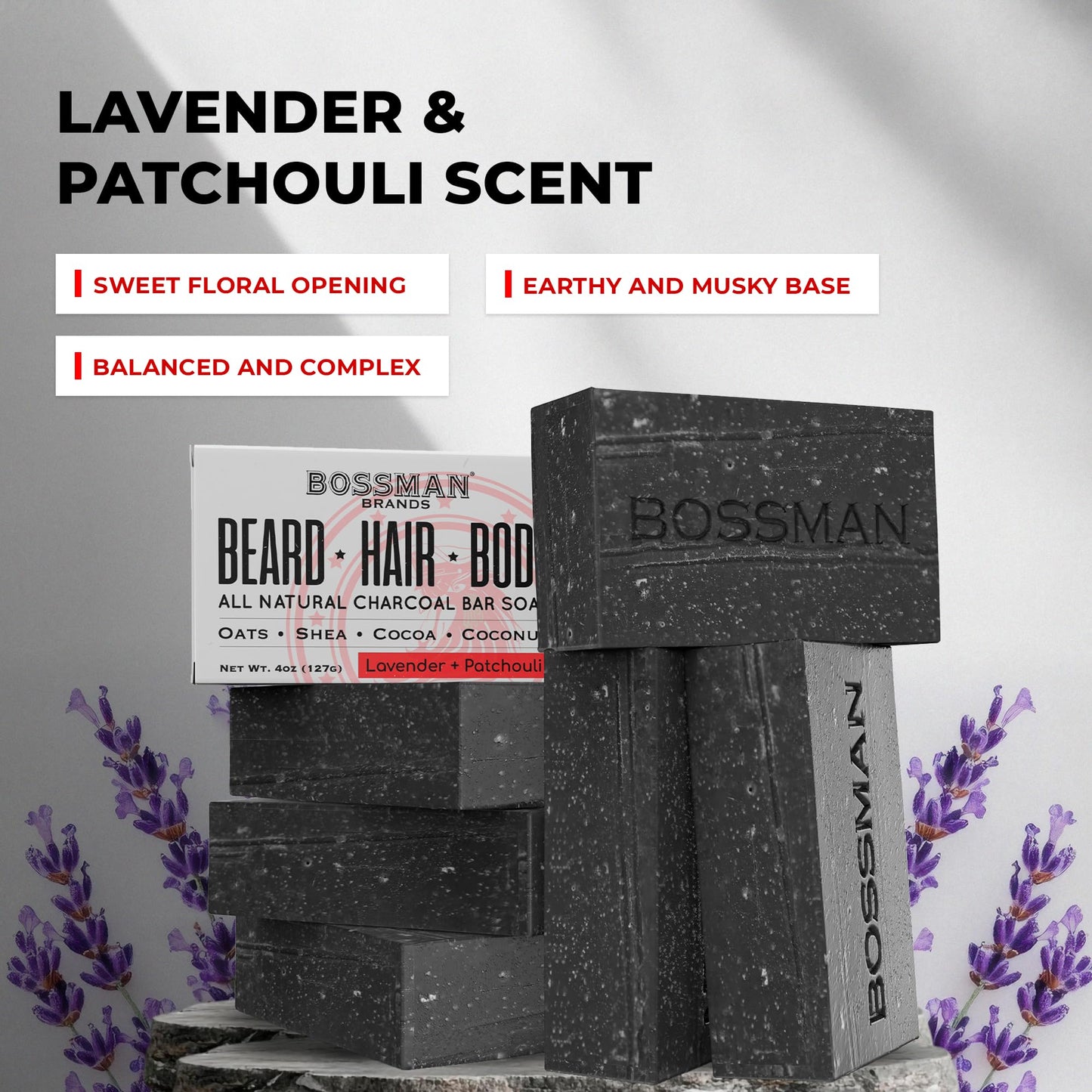 Bossman 6-Pack 4-in-1 Bar Soap for Men – All Natural Organic Beard Wash, Shampoo, Body Wash, Shaving Soap – Lavender & Patchouli Scent