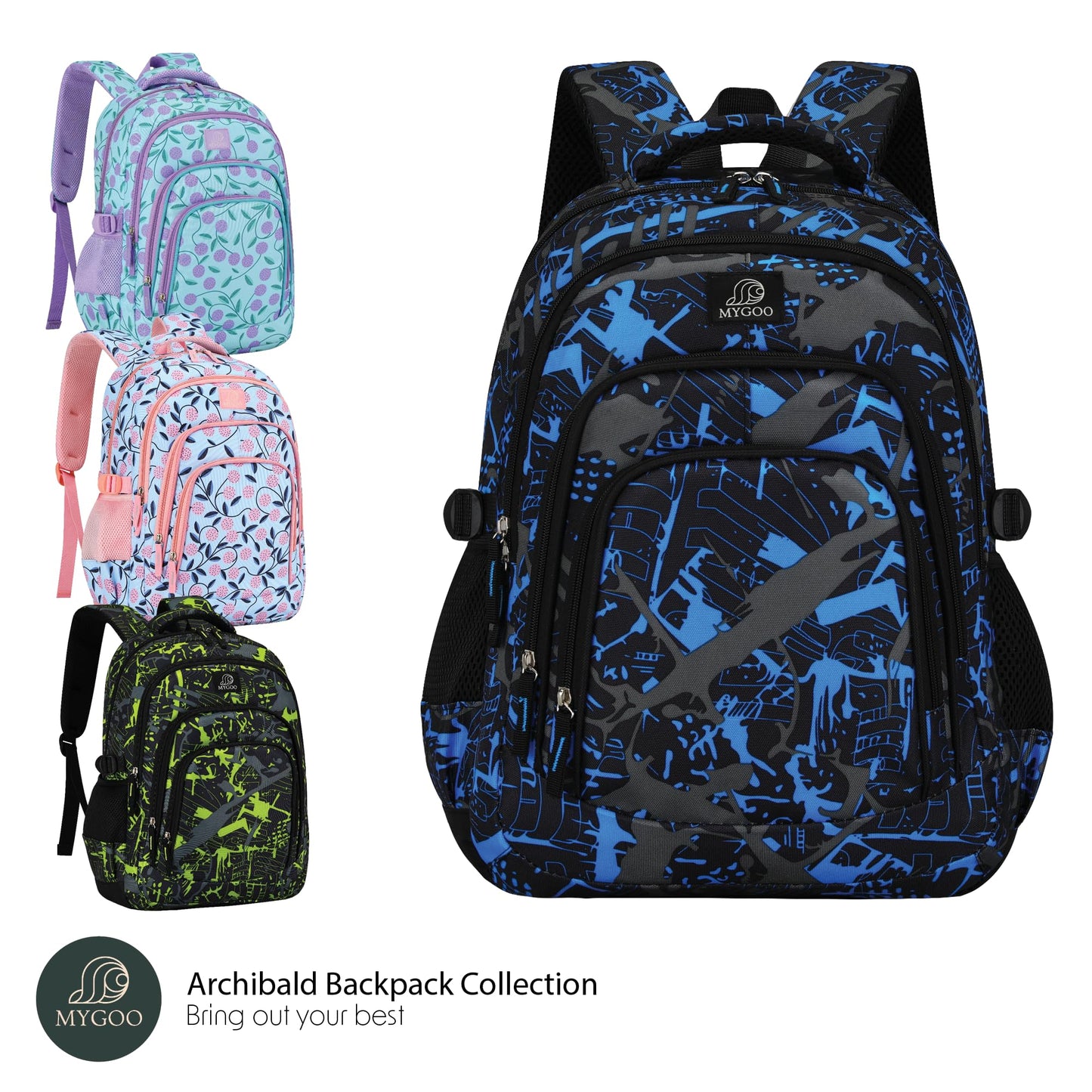 MYGOO Boys Vibrant School Backpack | Archibald Collection | 17" Tall 24L | Camo Blue