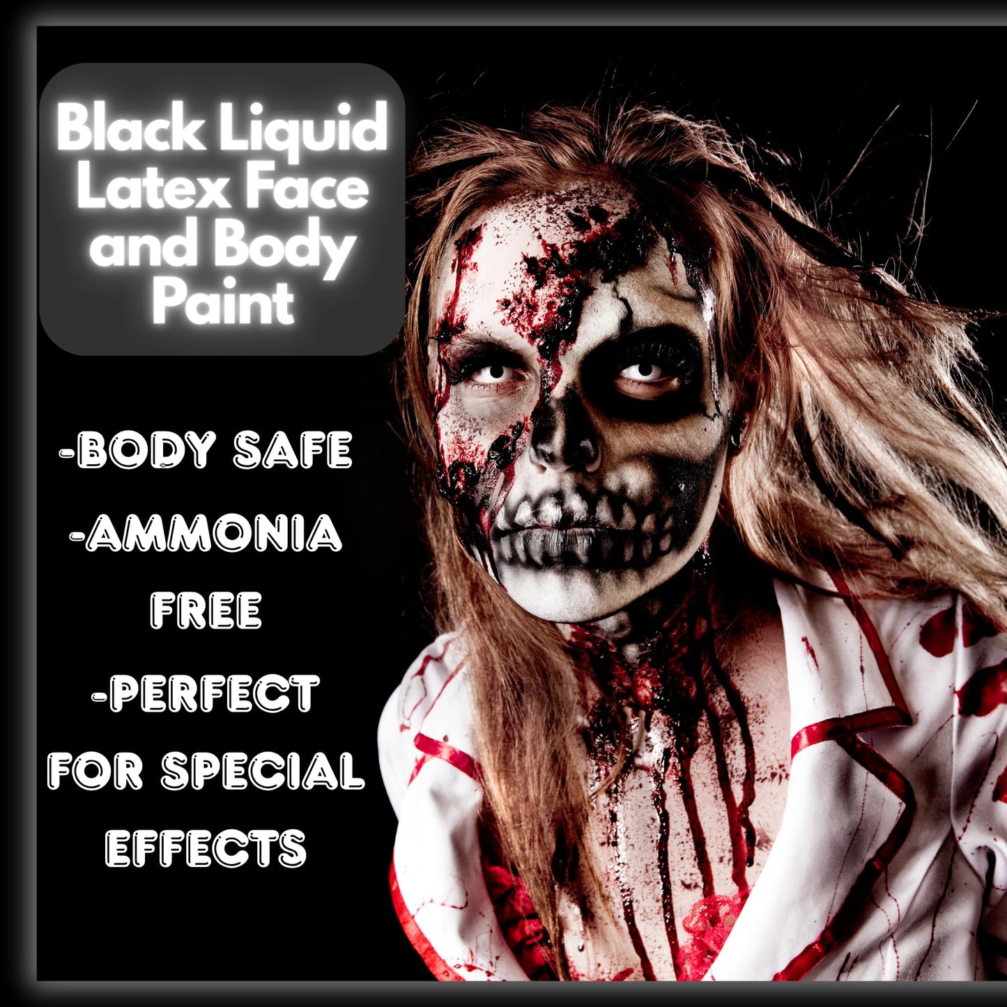 Black Liquid Latex Face and Body Paint with brush - 2 fl oz Ammonia Free, No Odor, Skeleton, Special Effects, Art, Theater, Parties, Cosplays
