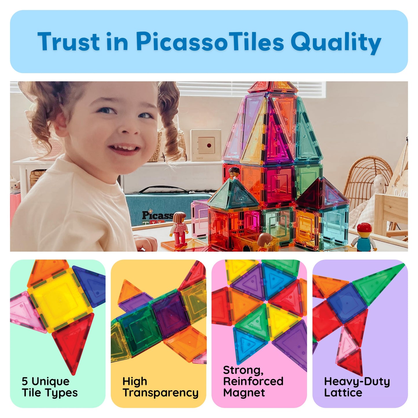 PicassoTiles 60pcs Magnetic Building Tiles – Clear 3D Magnet Blocks Construction Playset for Kids, Educational & Creative Toy Set