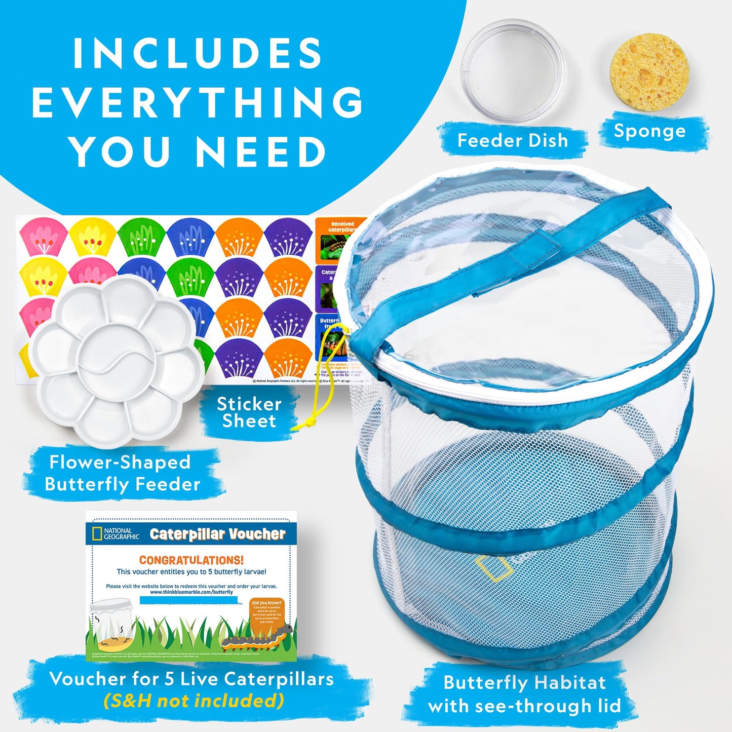 National Geographic Butterfly Growing Kit – Habitat with Voucher for 5 Caterpillars, Butterfly Cage & Feeder, Amazon Exclusive