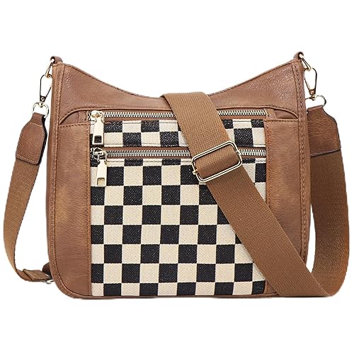 Duyijiff Checkered Crossbody Bags for Women Hobo Handbags Checkered Purse Trendy Crossbody Shoulder Purse (A01 Brown)