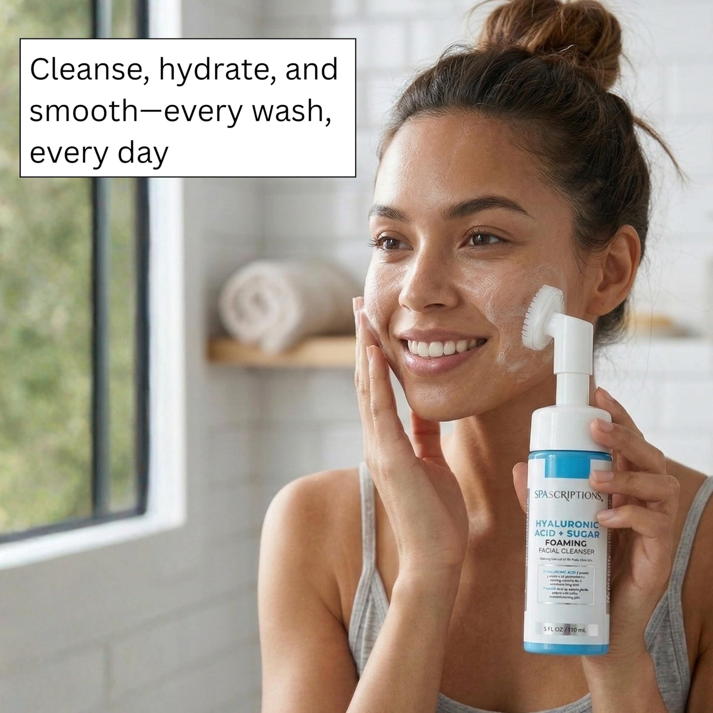 SpaScriptions 2 in 1 Cleanse & Exfoliate Foaming Facial Cleanser - Hydrating Hyaluronic Acid Face Wash with Sugar for Dry Skin with Soft Silicone
