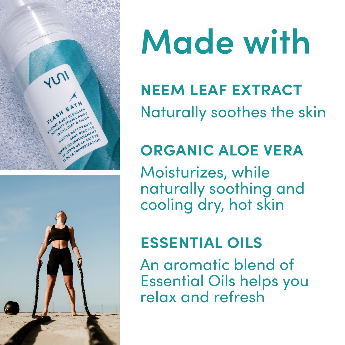 YUNI Beauty Waterless Body Wash (4 oz) - Rinse-Free Foaming Bath and Clean Body Wash Solution Instantly Remove Sweat, Dirt, Odor, Travel, Camping